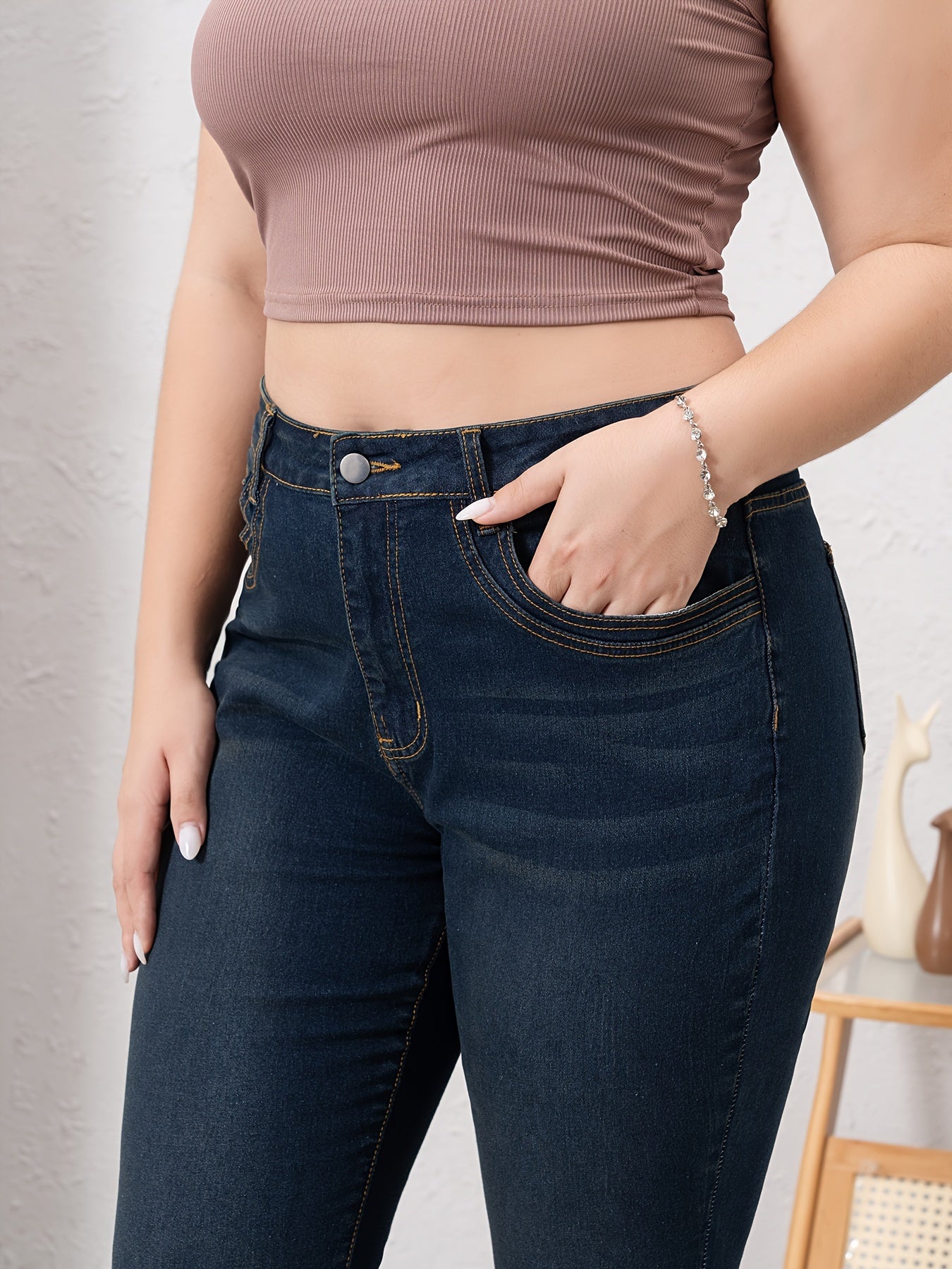 Plus Size Plain Denim Pants for Women
