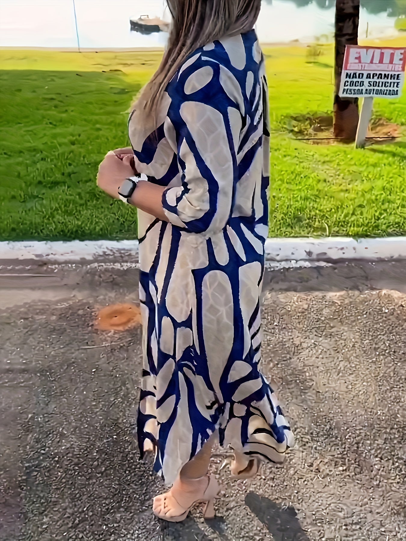 Allover Print Button Front Shirt Dress, Elegant Long Sleeve Loose Fit Dress