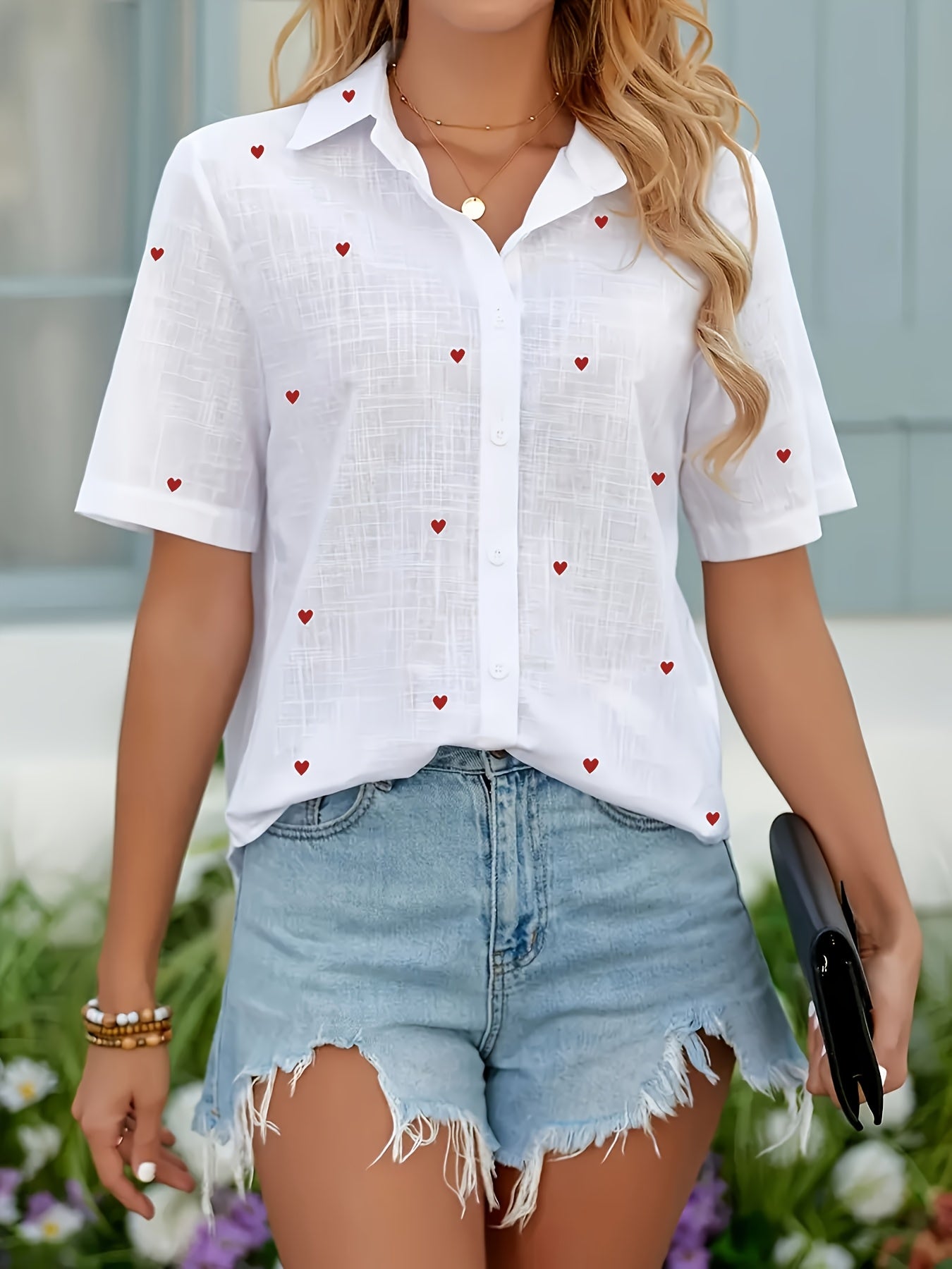 Women's Casual Short Sleeve Blouse with Heart Print & Button Collar