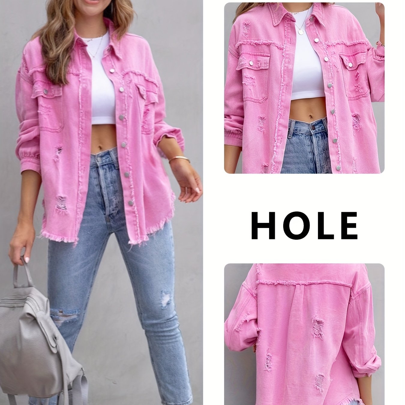 Casual Women's Pink Denim Long Shirt Jacket Perfect for Spring/Summer