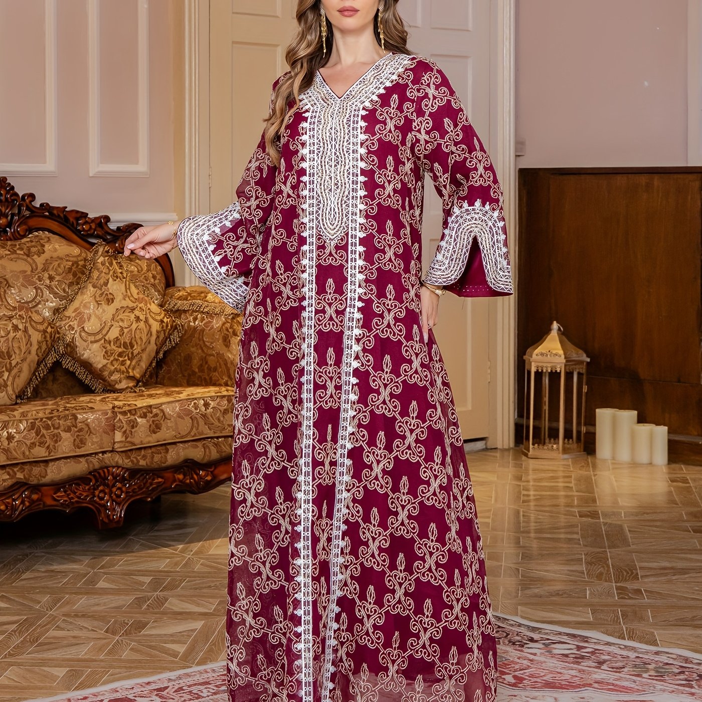 Middle Eastern Embroidered Abaya Long Robe, Light Luxury Evening Gown Two-Piece Dress for Women