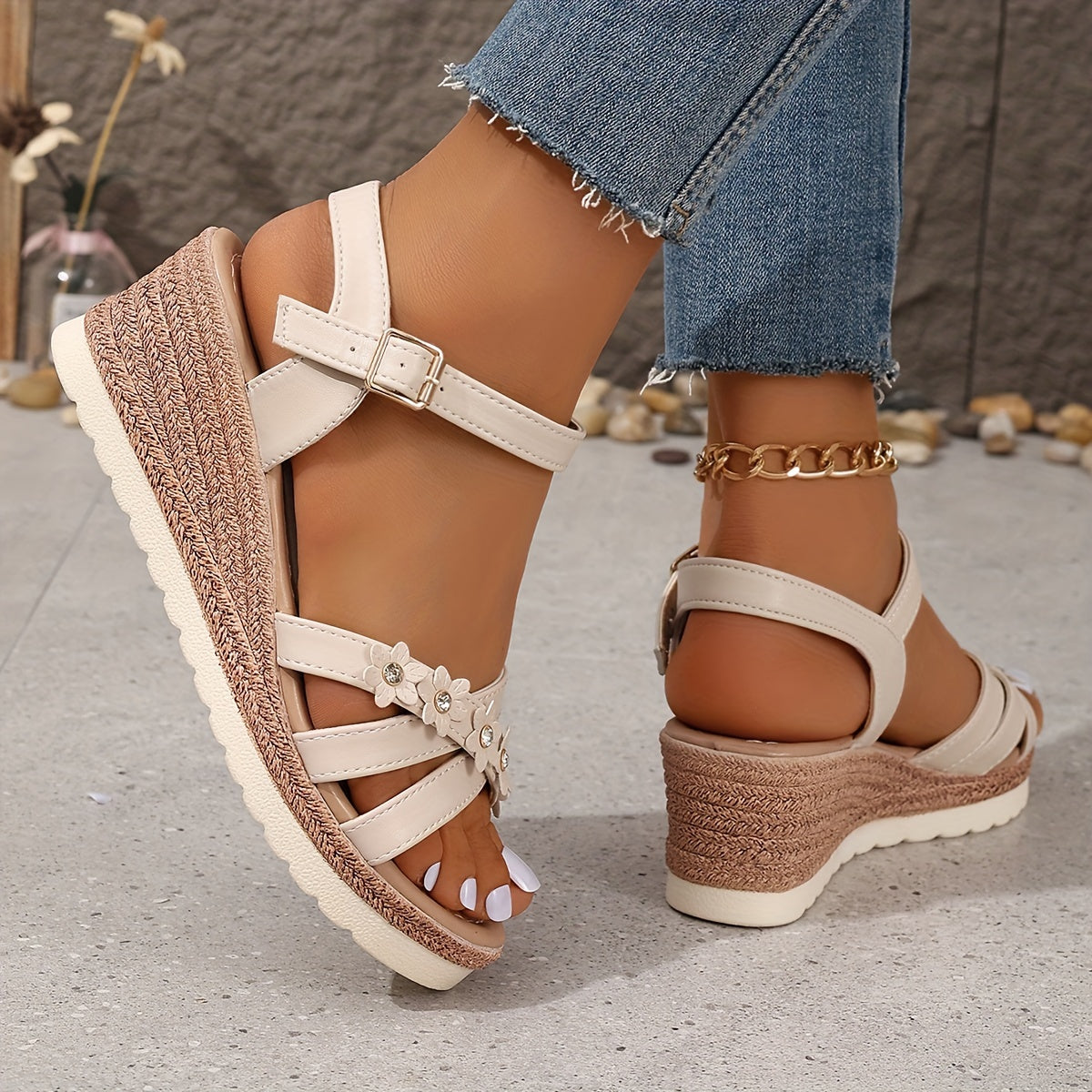 Women's Floral Strap Wedge Sandals, Vintage Platform Ankle-Stra Summer Fashion,