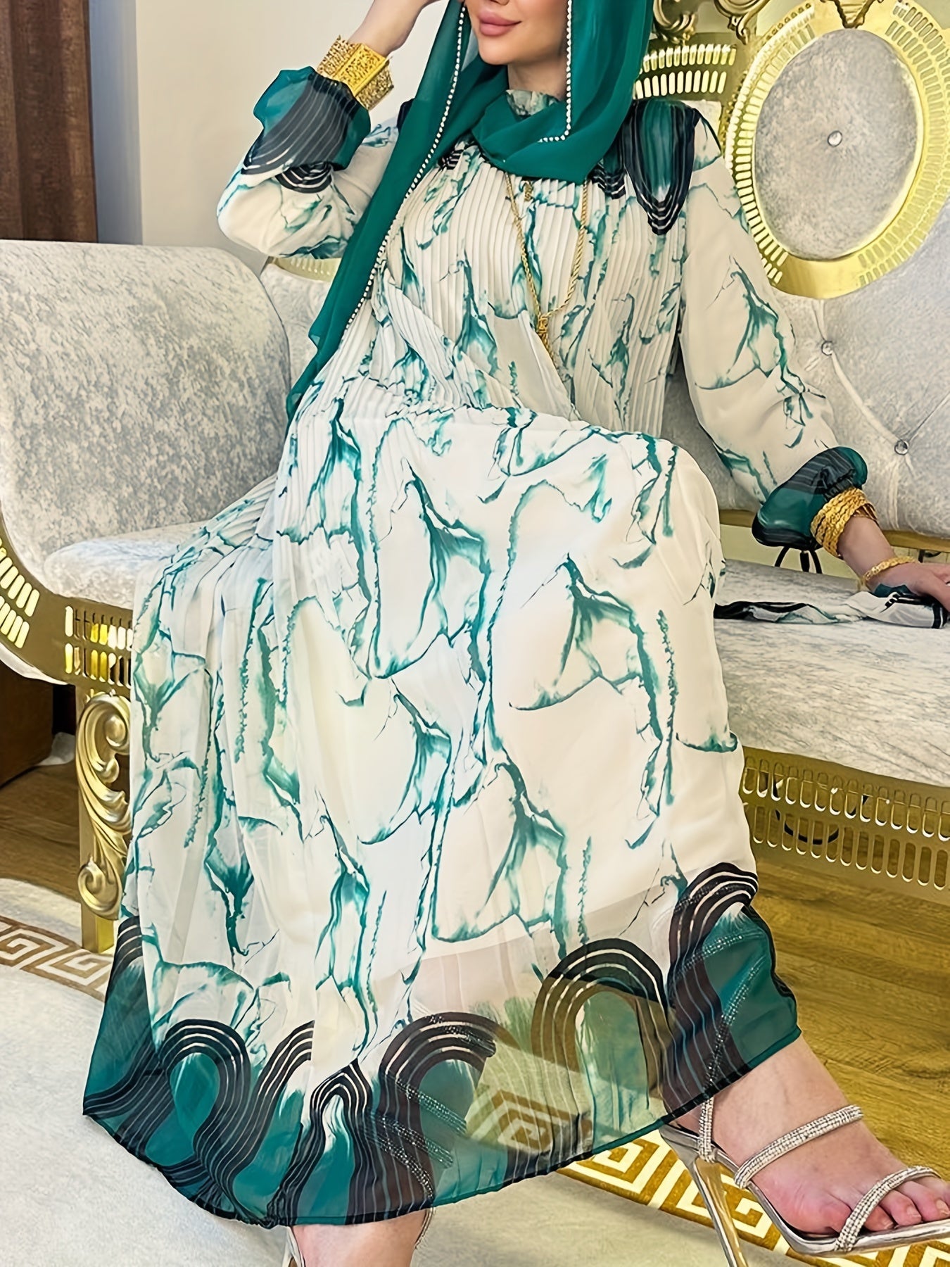 Stunning Tie Dye Print Kaftan Abaya - Elegant Long Sleeve Loose Fit Maxi Dress