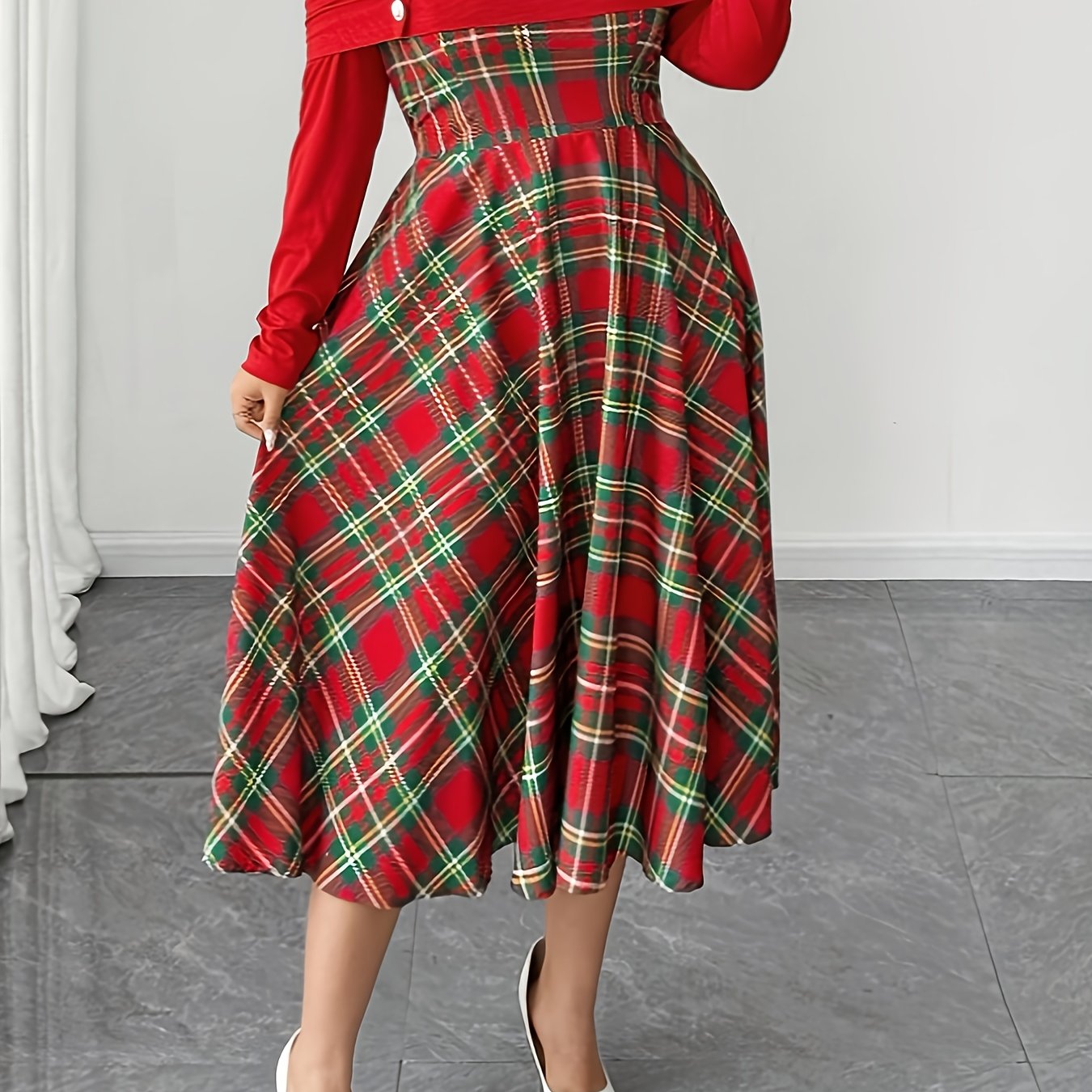 Plus Size Women's Off the Shoulder Long Sleeve Plaid Dress with Faux Pearl Buttons Suitable for Halloween, Chinese New Year, Christmas,