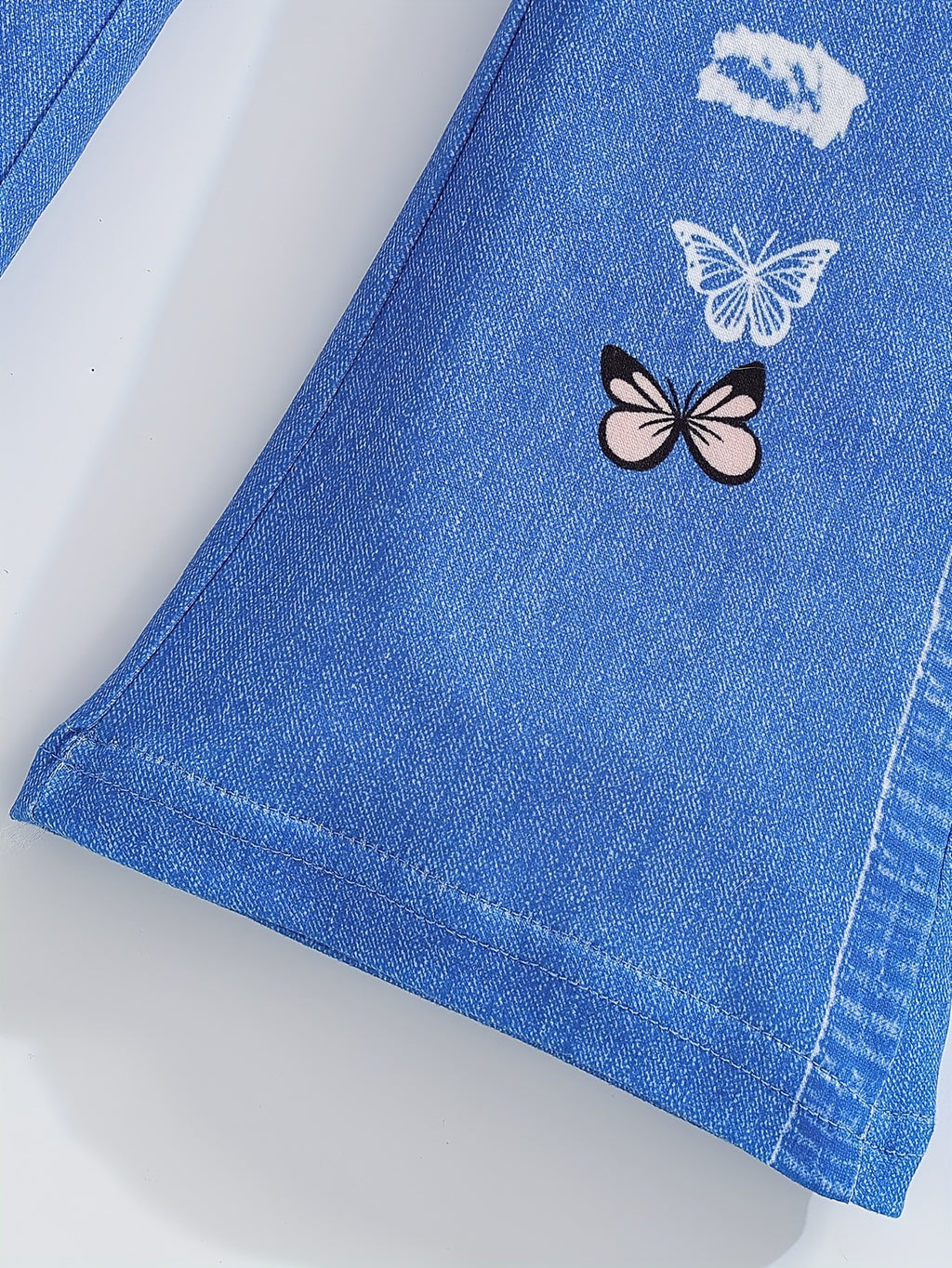 2pcs Little Girl Short Sleeve Butterfly Top and Denim Print Pants Set