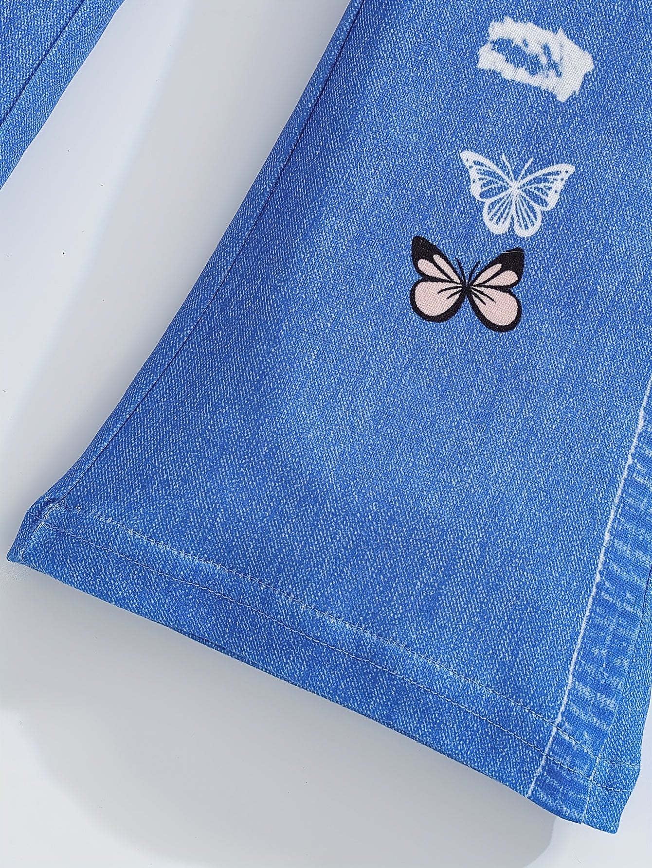 2pcs Little Girl Short Sleeve Butterfly Top and Denim Print Pants Set