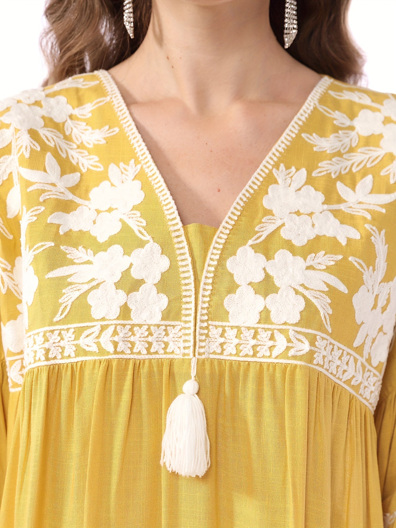 Women's White Floral Embroidery - Loose Fit, V-Neck, Half Sleeve, Non-Stretch Fabric