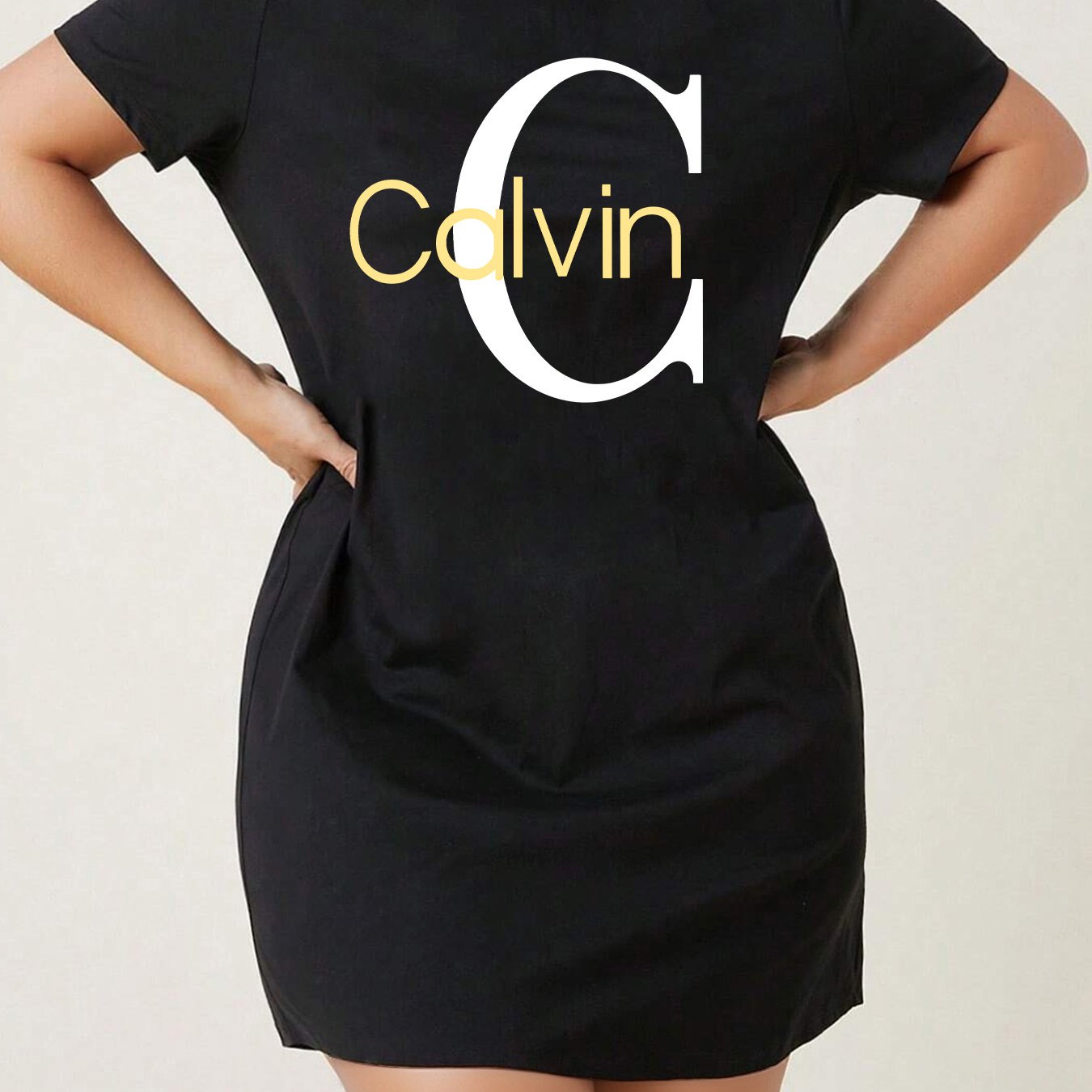 Calvin Women's Stretchy Breathable Polyester T-Shirt Dress - Slim Fit Knee-Length Round Neck Casual Summer Dress with Bold Yellow Lettering, Machine Washable Spring/Summer Outfit