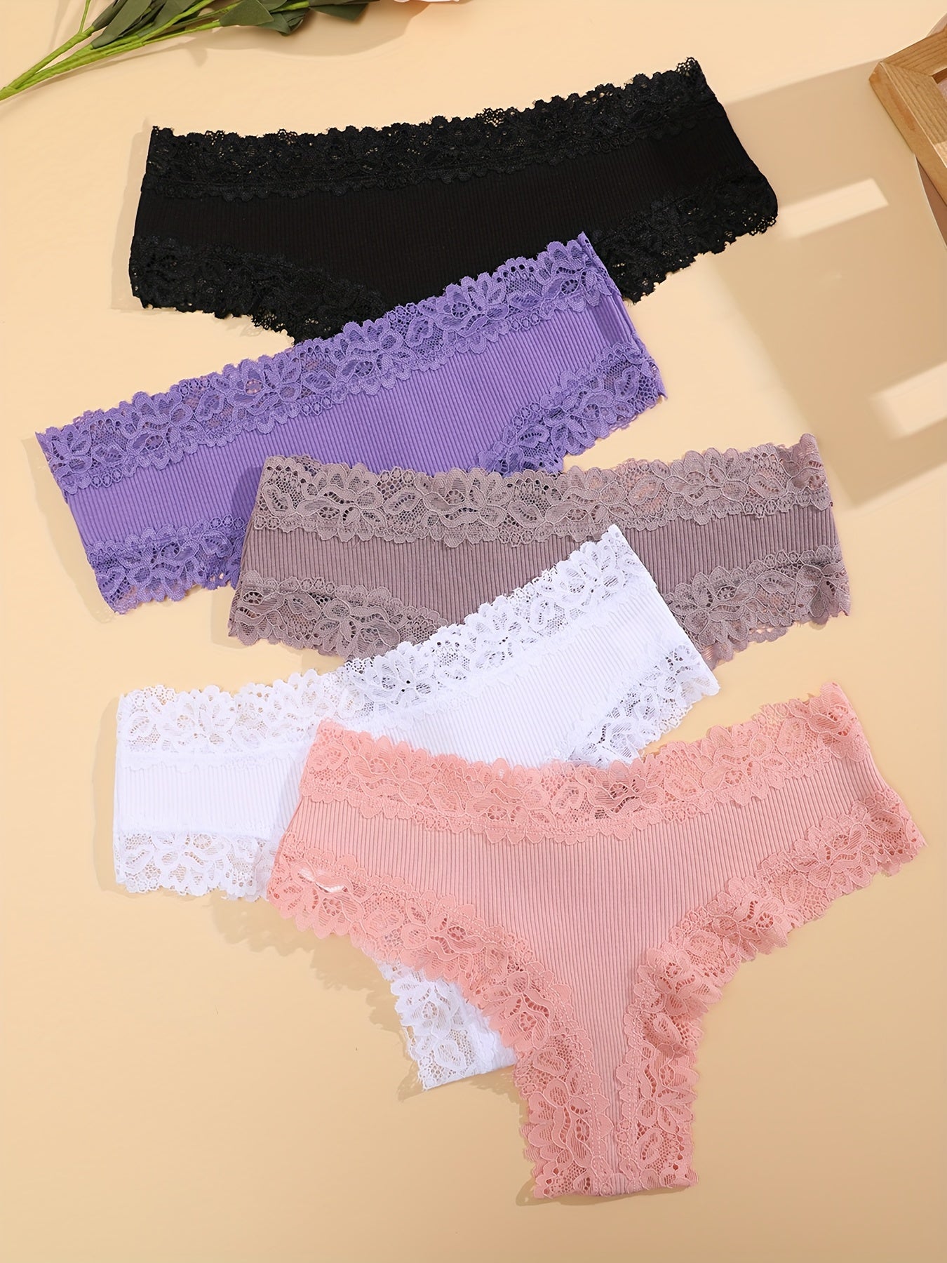 5pcs Solid Lace Trim Briefs, Comfy & Breathable Intimate Panties, Women's Lingerie & Underwear