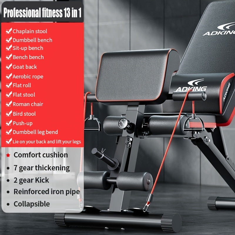 1pc Adjustable Weight Bench with Sit-Up Assistant, 13-in-1 Folding Dumbbell Workout Chair