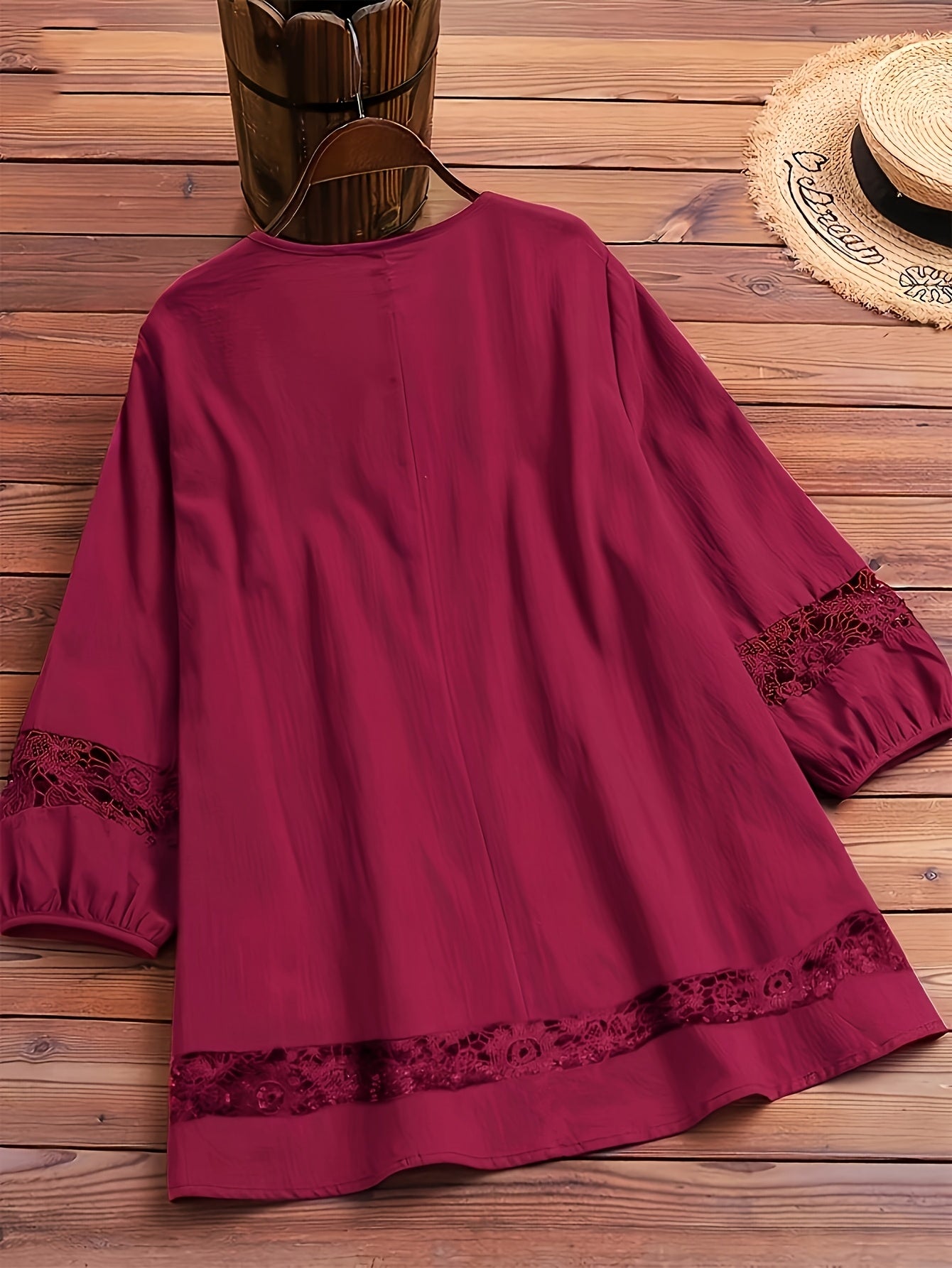 Women's Burgundy Lace Trim Blouse - Non-See-Through Semi-formal Shirt with Tie-like Bow