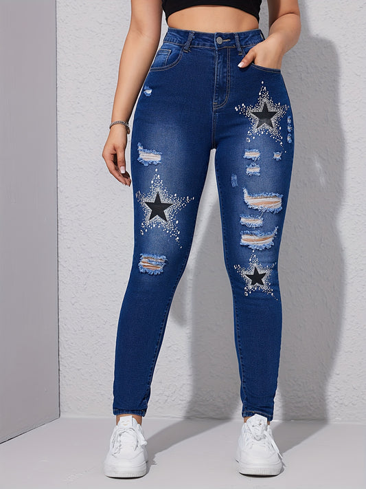 Star Pattern Ripped Holes Skinny Jeans for Women