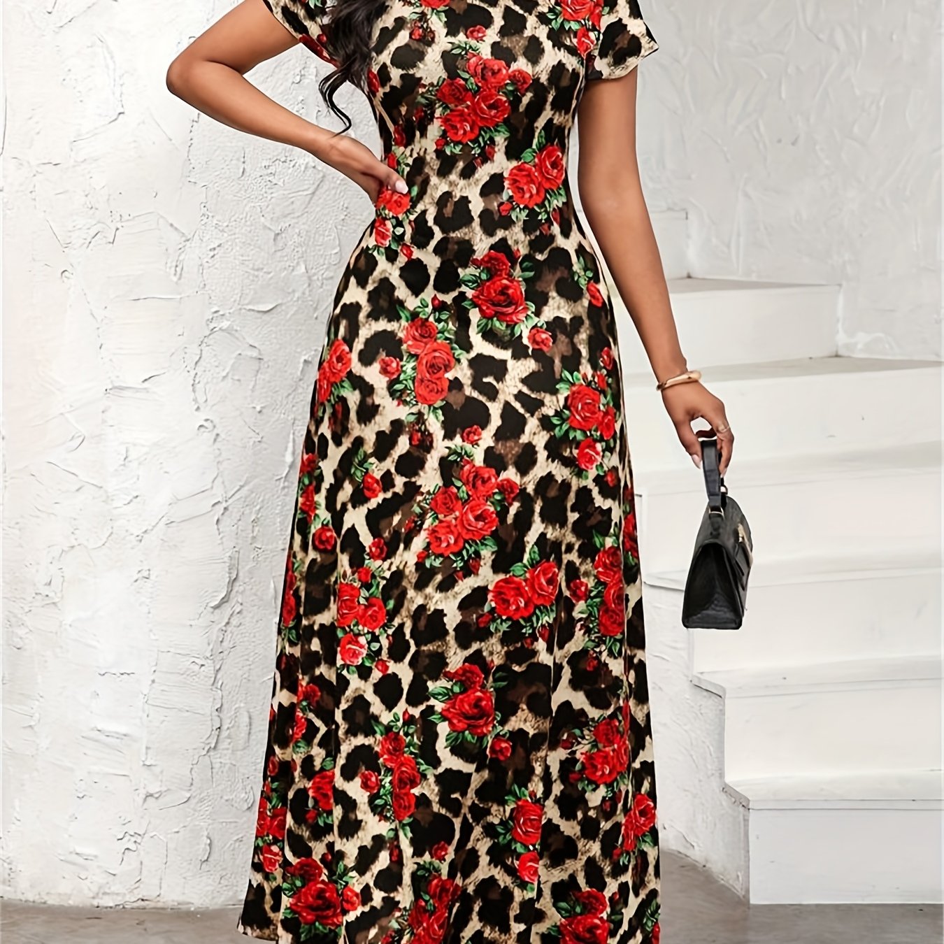 Women's Elegant Leopard Floral party dress - Flared A-Line skirt