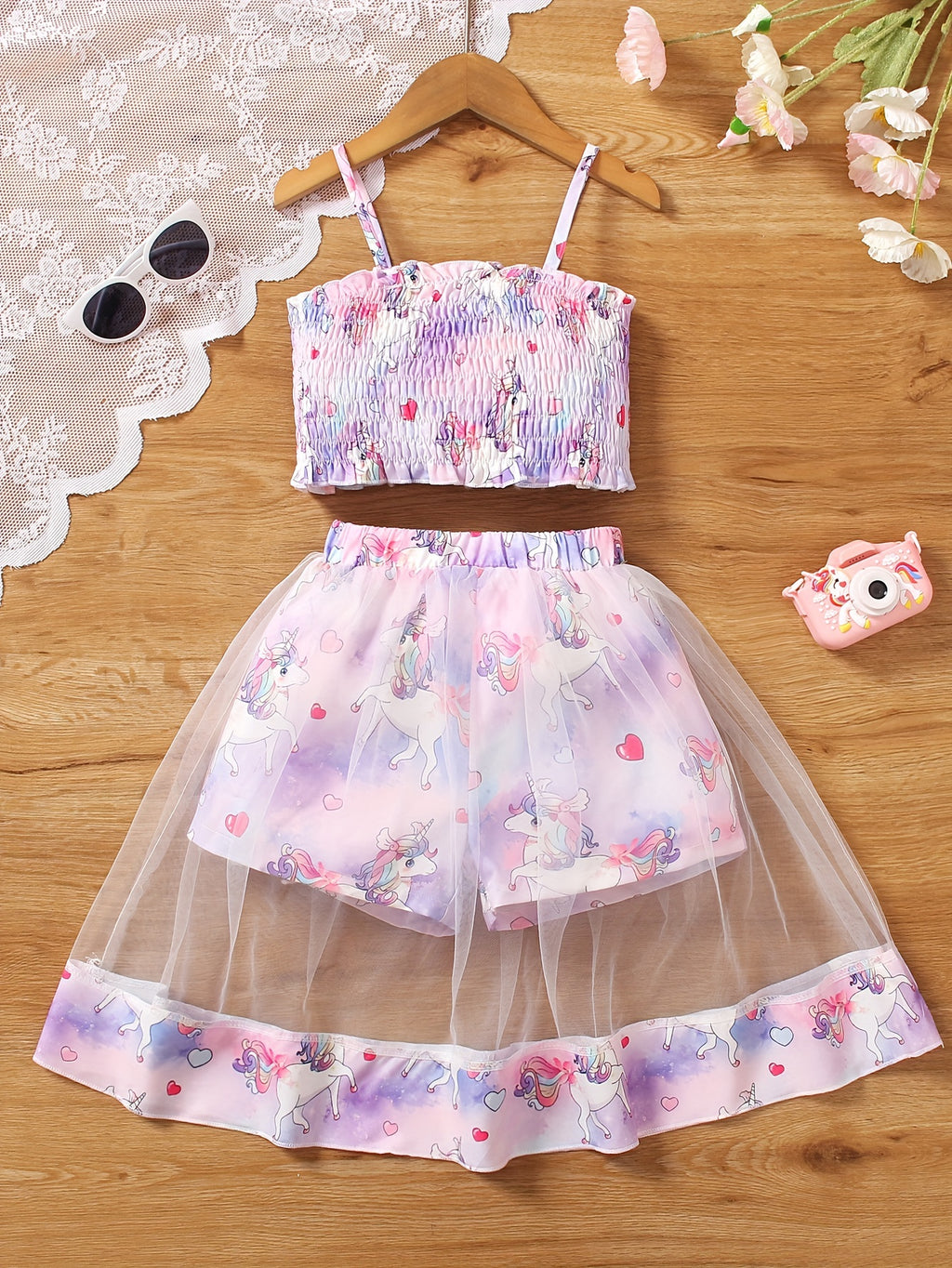 Girls' Two-Piece Set with Spaghetti Strap Butterfly Print Top