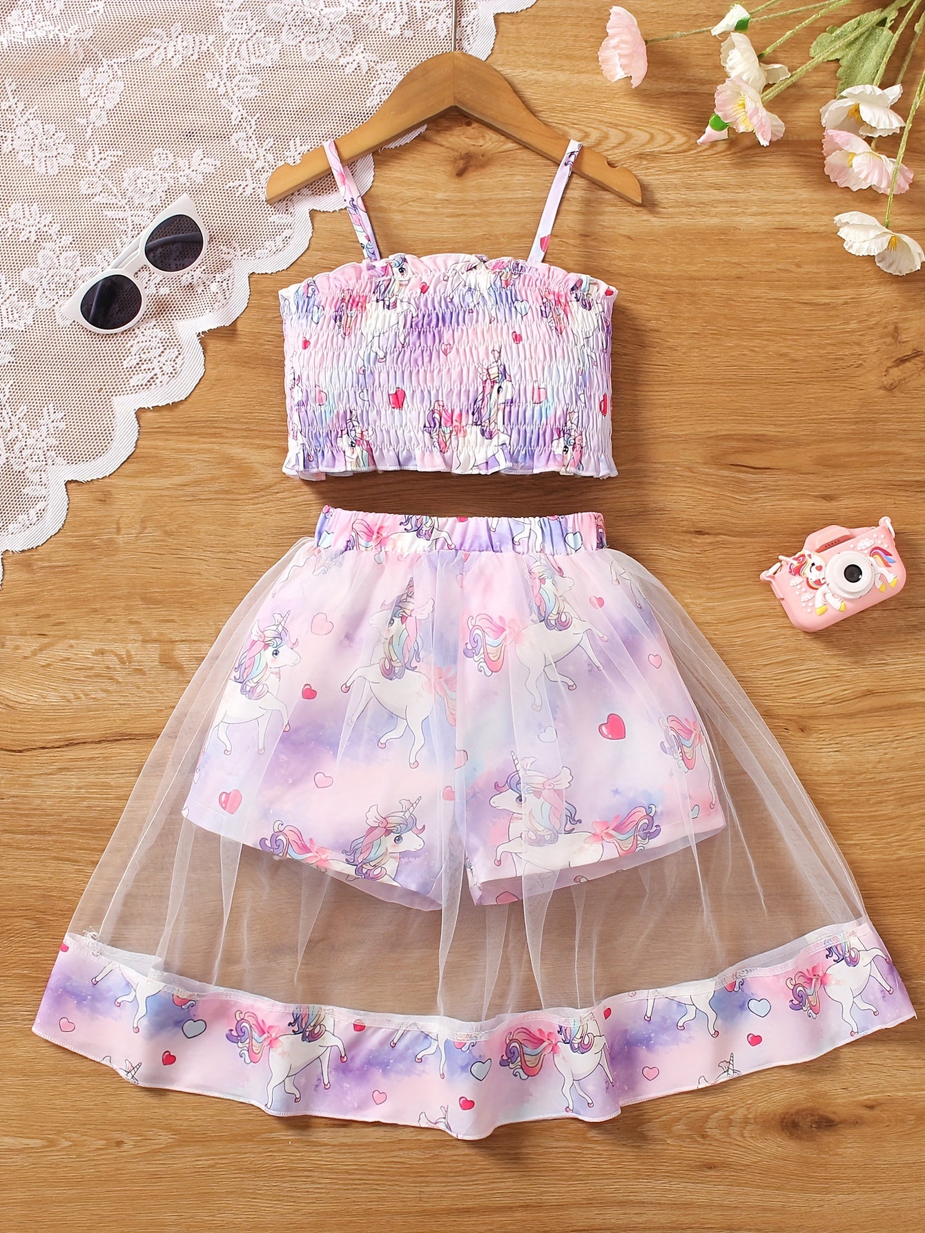 Girls' Two-Piece Set with Spaghetti Strap Butterfly Print Top
