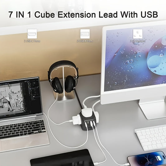Multifunctional Wall Outlet Power Strip with 3 AC Ports, USB-A & Type-C