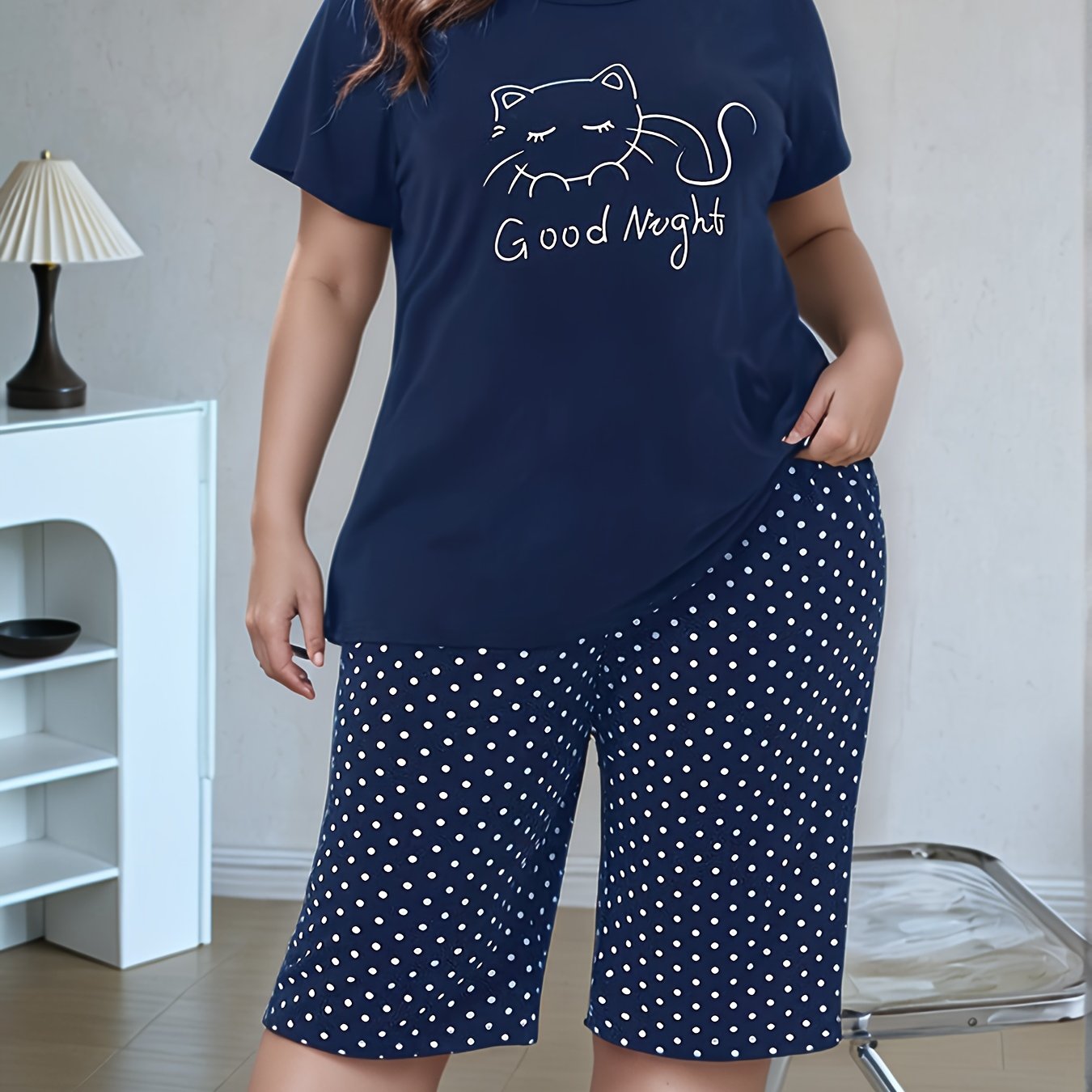 Summer Plus Size Women'S Casual Fashion Pajamas, Kitten Print, Comfortable Short Sleeve Shorts Set