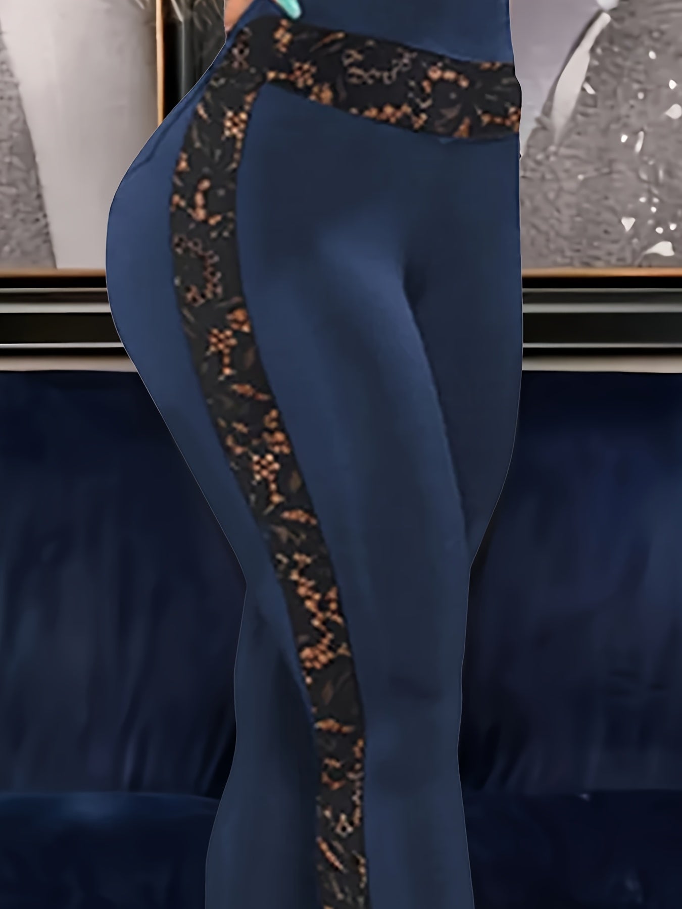 Women's High-Waist Pants with Lace Trim - Stretchy Legging