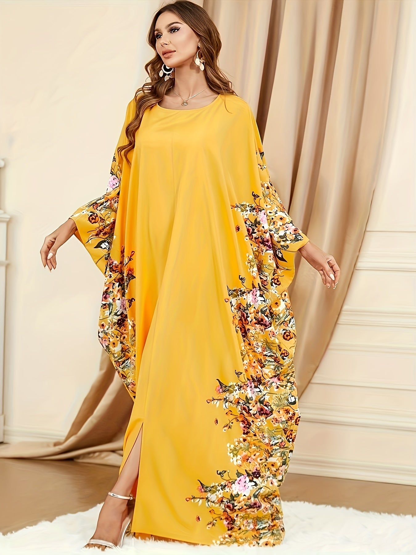 Floral Print Polyester Women's Elegant Batwing Sleeve Kaftan Dress