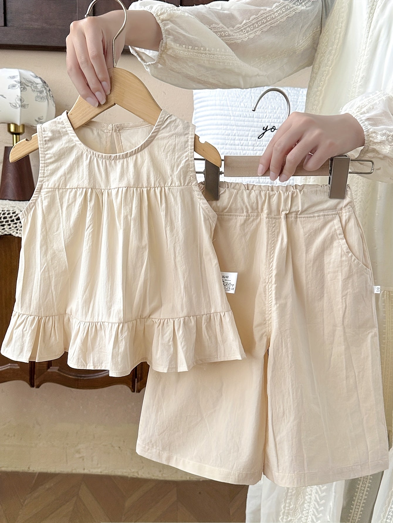 2pcs Wide Shoulder Dress and Shorts Set for Girls, Summer Lightweight Solid Color