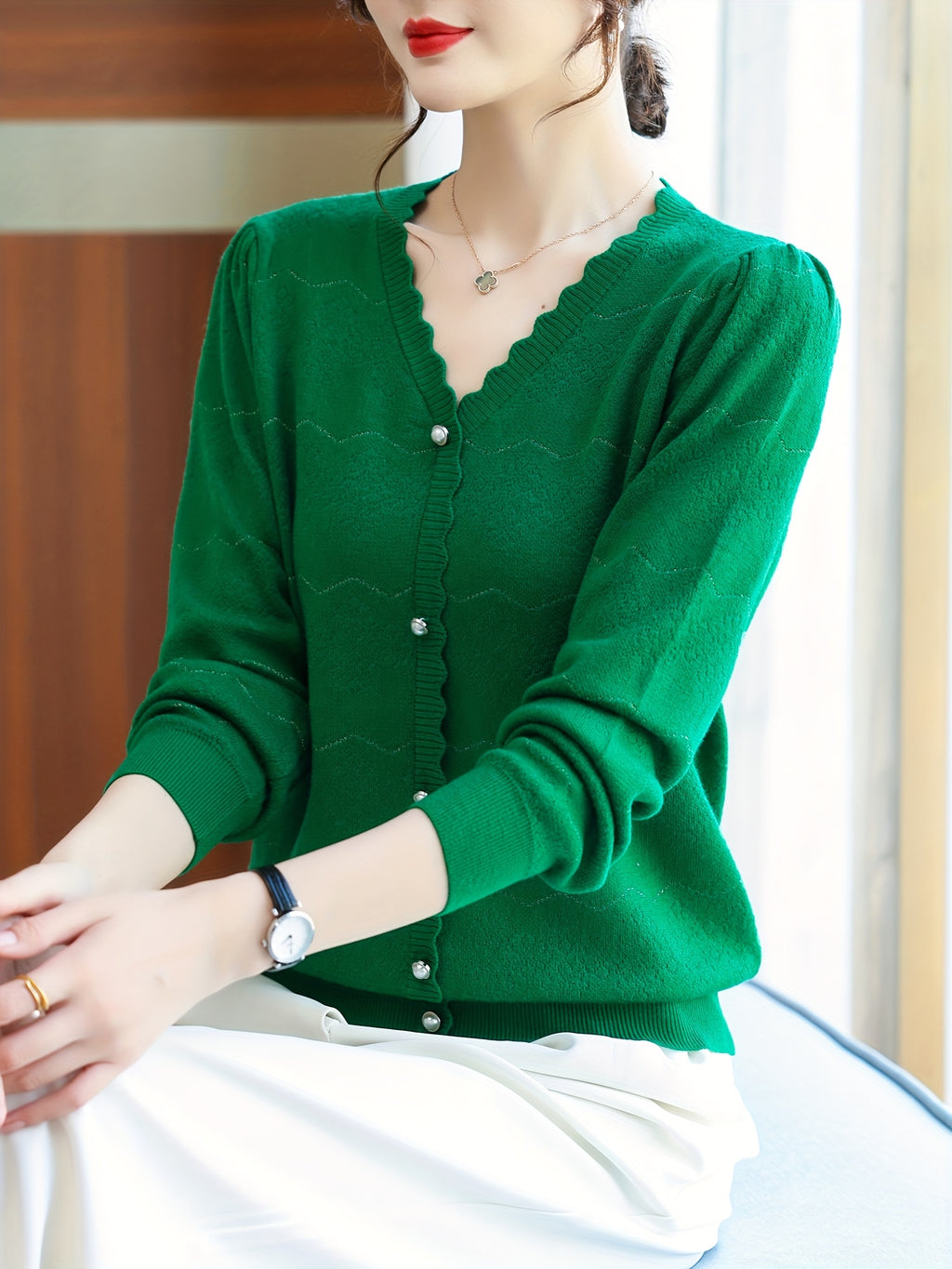Women'S Elegant V-Neck Blouse - Lightweight Breathable Long Sleeve Shirt with Button Front
