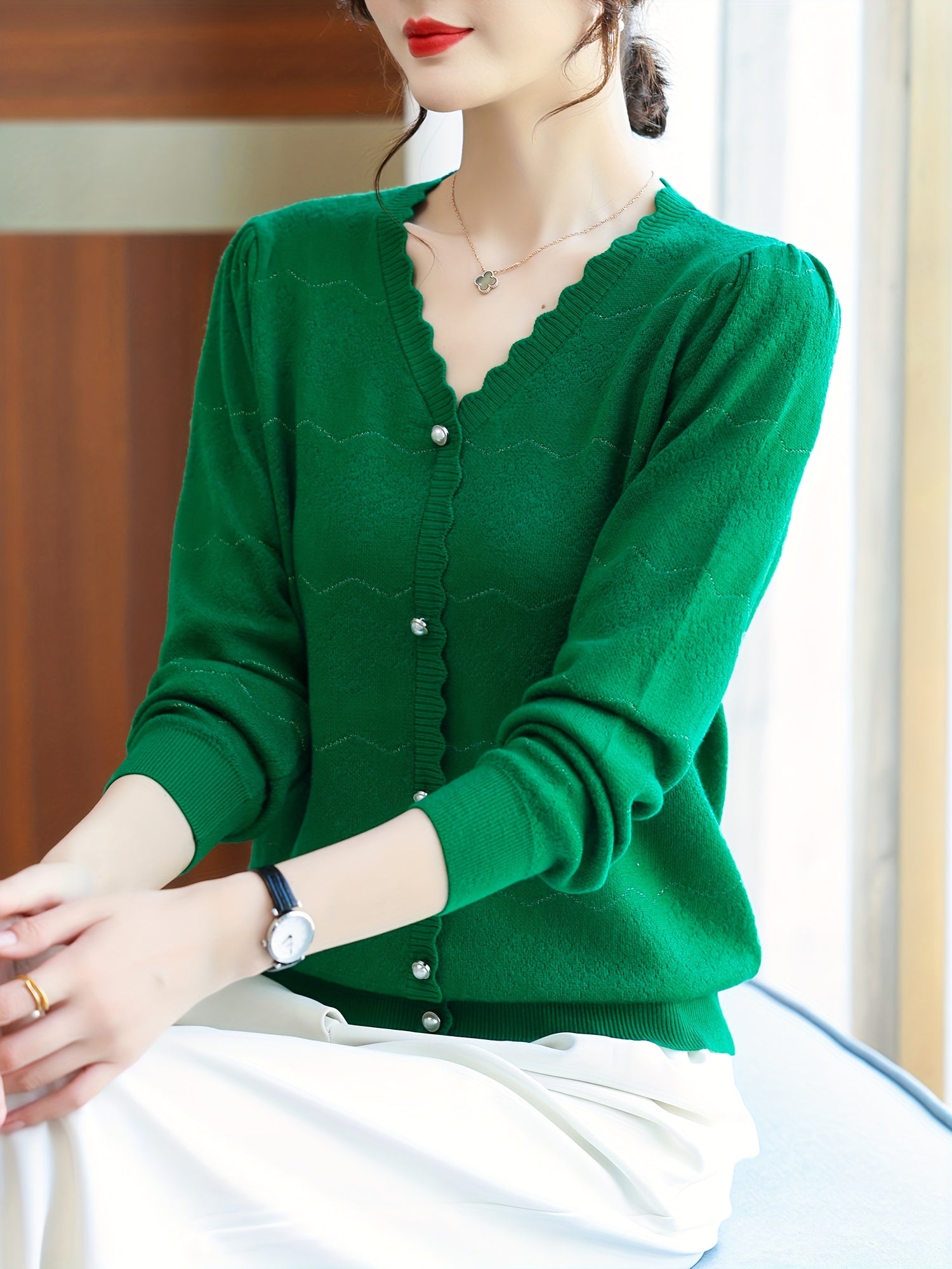 Women'S Elegant V-Neck Blouse - Lightweight Breathable Long Sleeve Shirt with Button Front