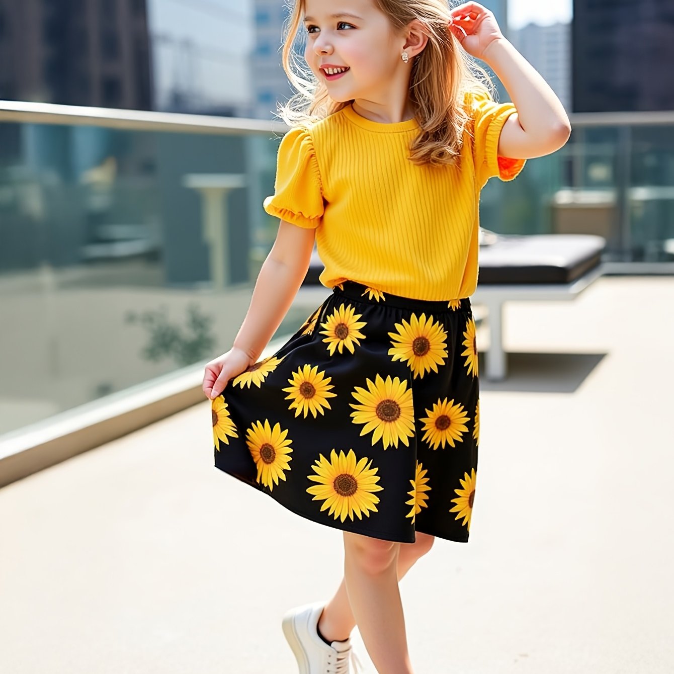 Girls' Sunflower Print Short Sleeve Top + Skirt Set