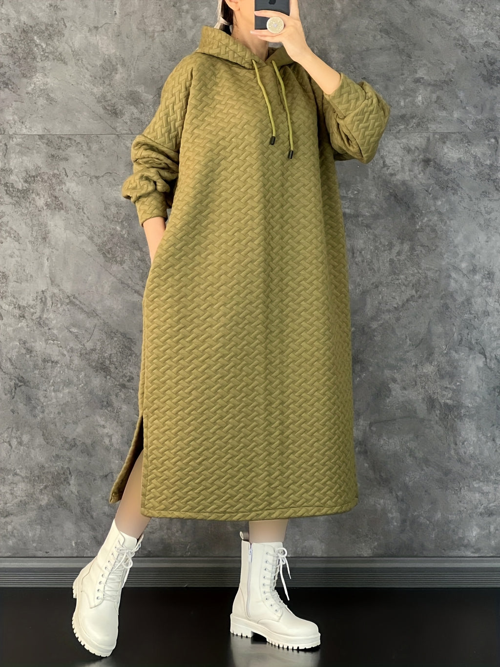 Women's Casual Hooded Long Sleeve Dress with Pockets - Solid Color