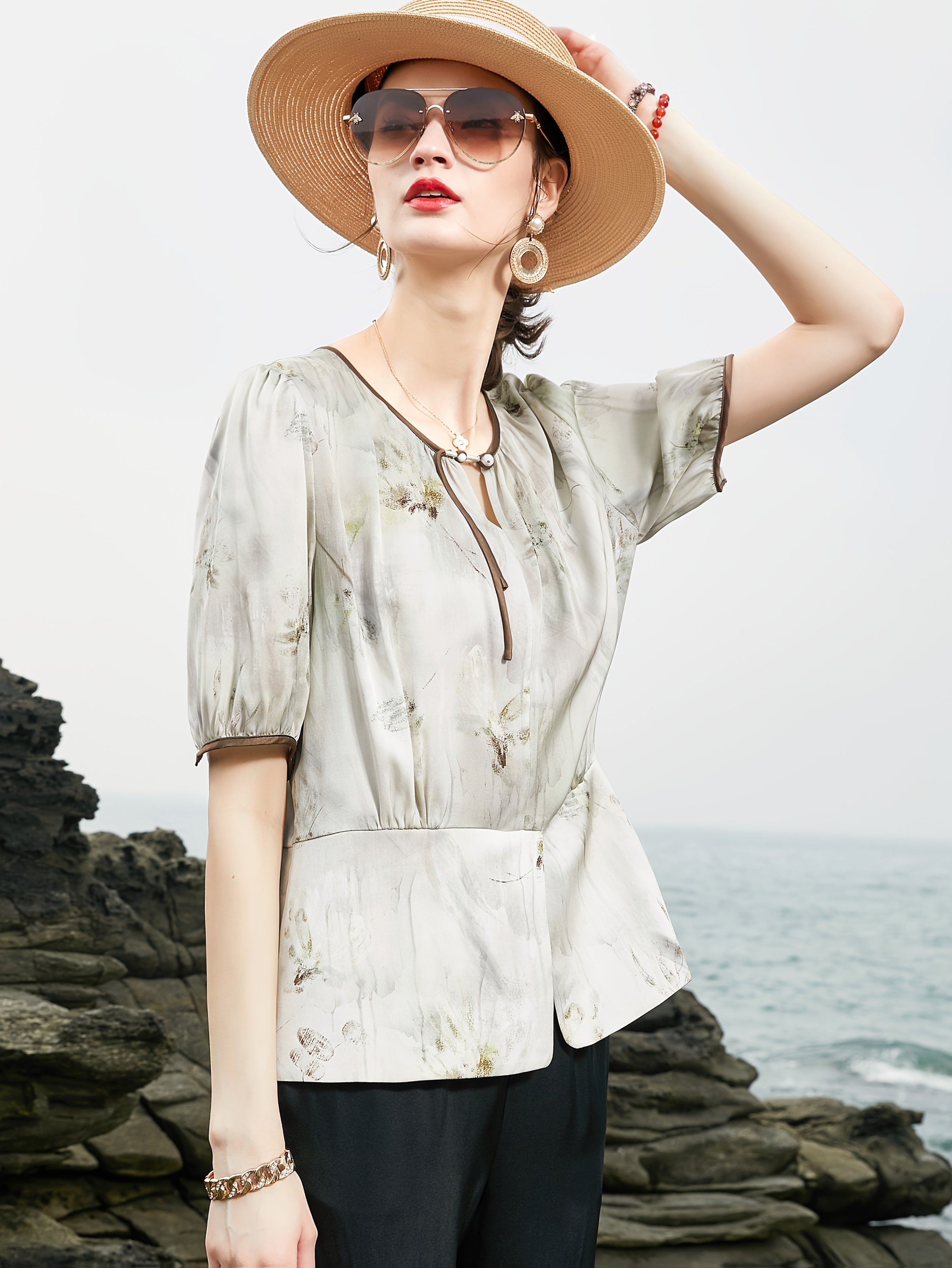 Women's Blouse - Soft Pastel Floral shirt with Twist Front, Breathable Office & Party