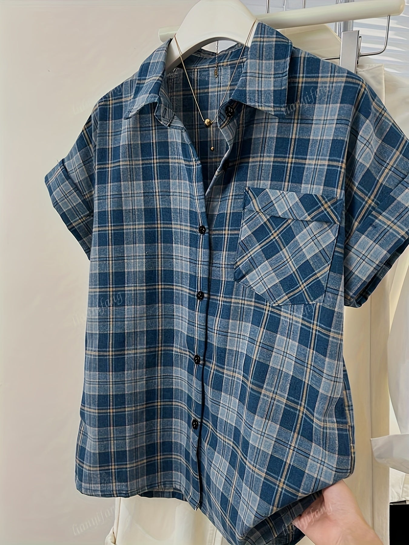 Women's Blue Plaid Loose Fit Casual Short Sleeve Shirt