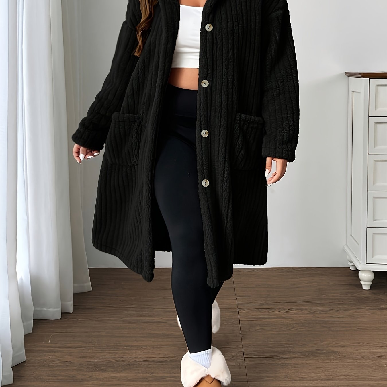 Plus-Size Women's Hooded Long-Sleeve Plush Coat