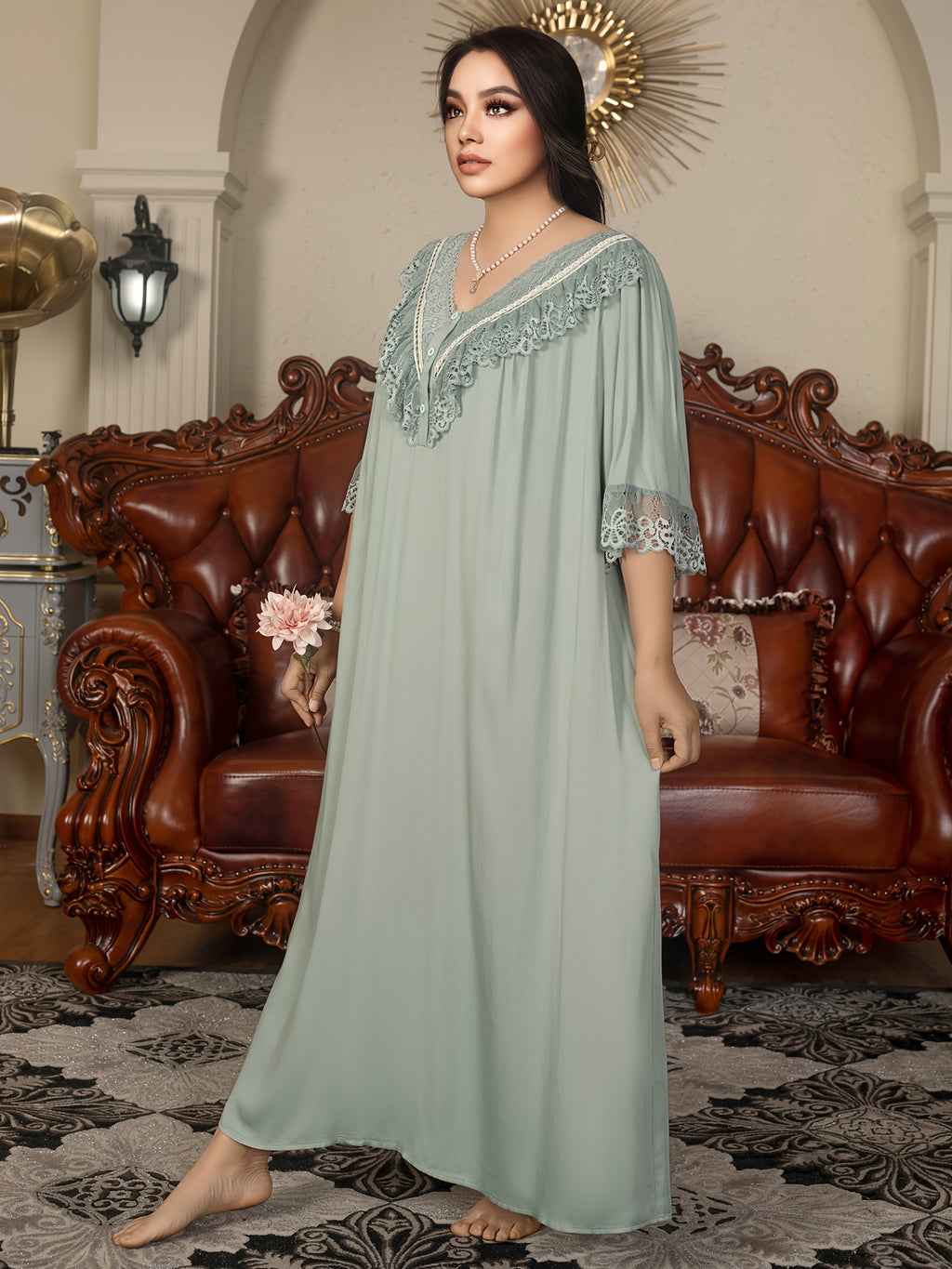 Plus Size Royal Style Nightgown - Long Sleeve V-Neck, Lace Detail, Light Green, Non-Stretch Fabric