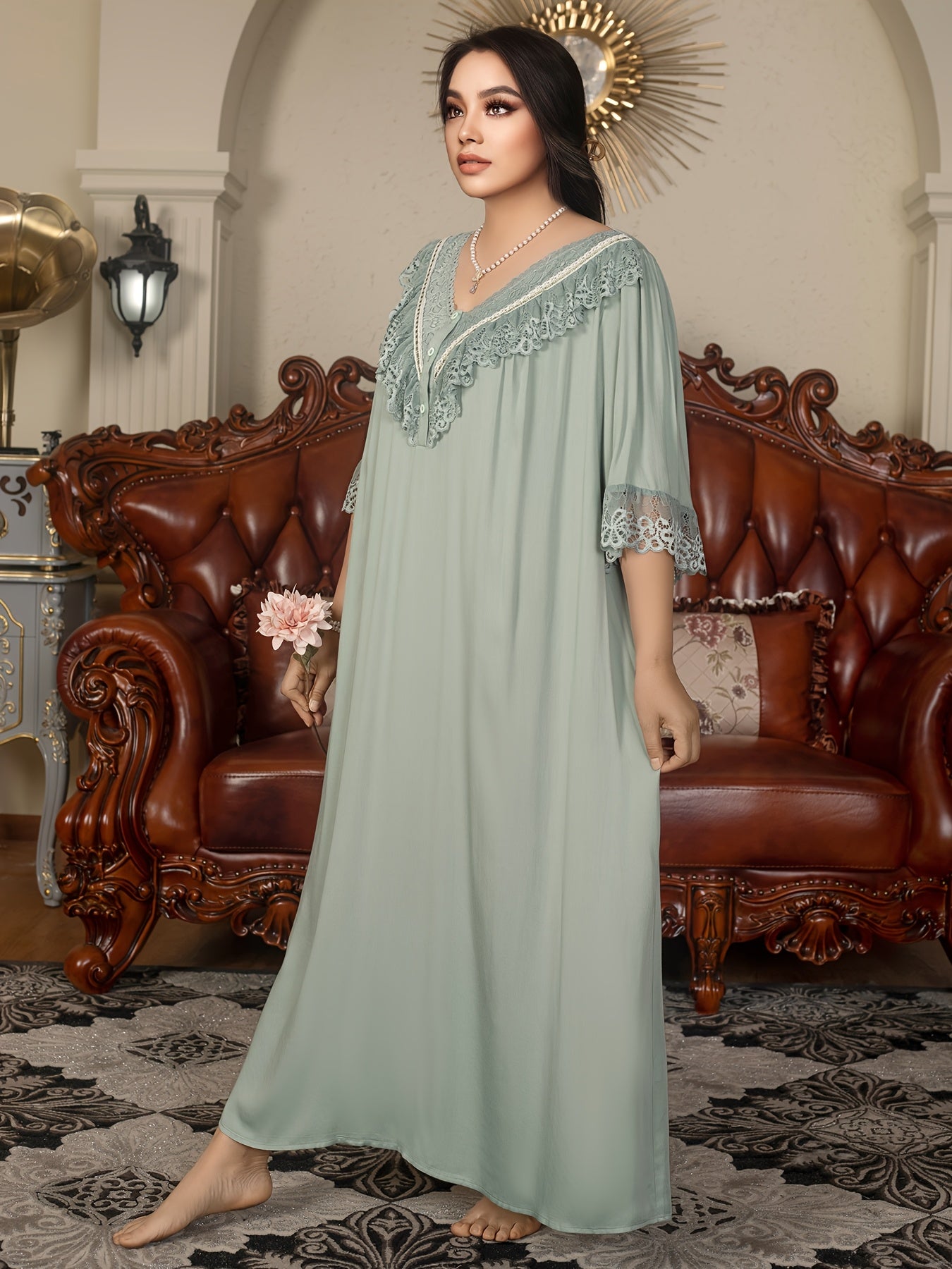 Plus Size Royal Style Nightgown - Long Sleeve V-Neck, Lace Detail, Light Green, Non-Stretch Fabric