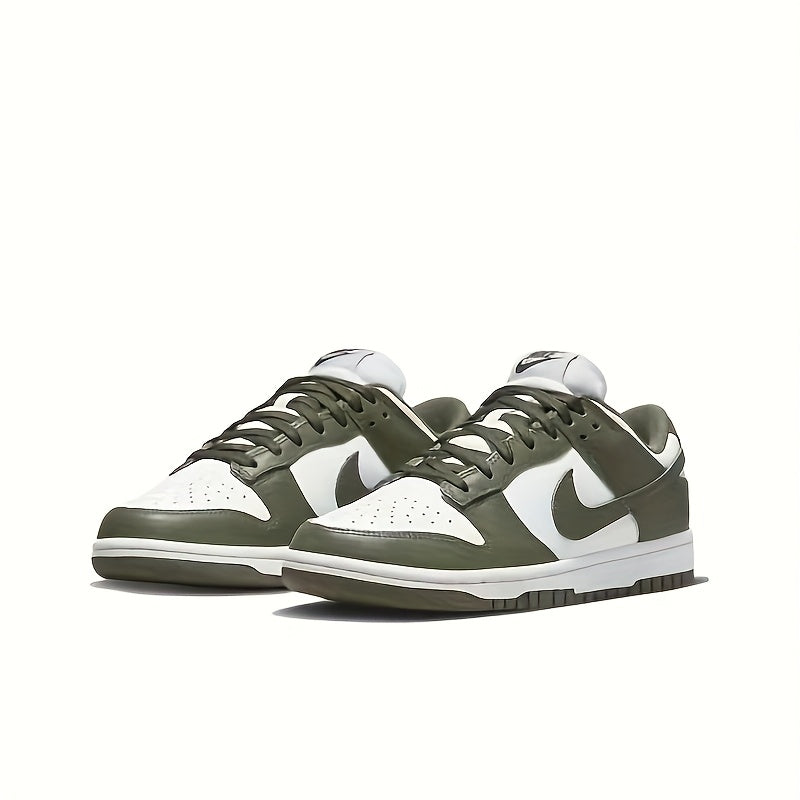 NIKE Women's Low-Top Casual Sneakers - Olive Green & White Colorblock, Breathable Second-Layer Leather Upper