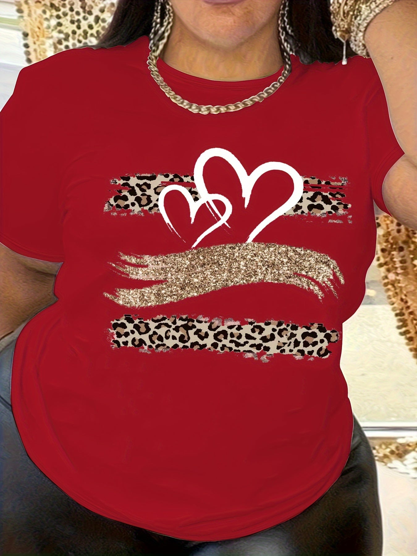 Casual Plus Size Heart Print T-Shirt for Women