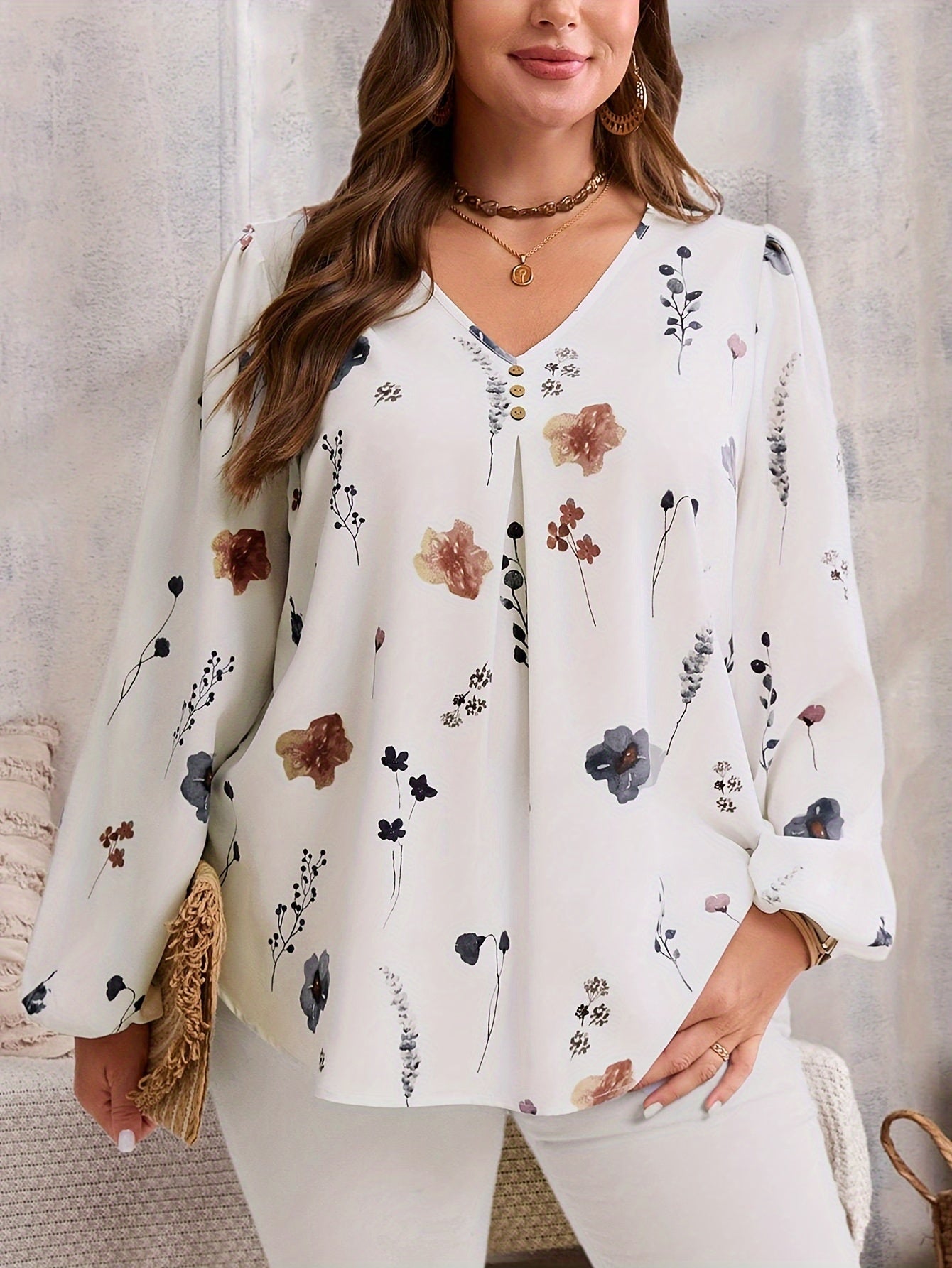 Elegant V Neck Long Sleeve Blouse Plus Size