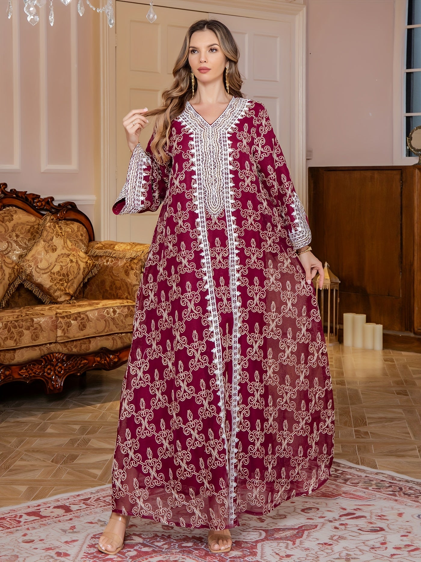 Middle Eastern Embroidered Abaya Long Robe, Light Luxury Evening Gown Two-Piece Dress for Women