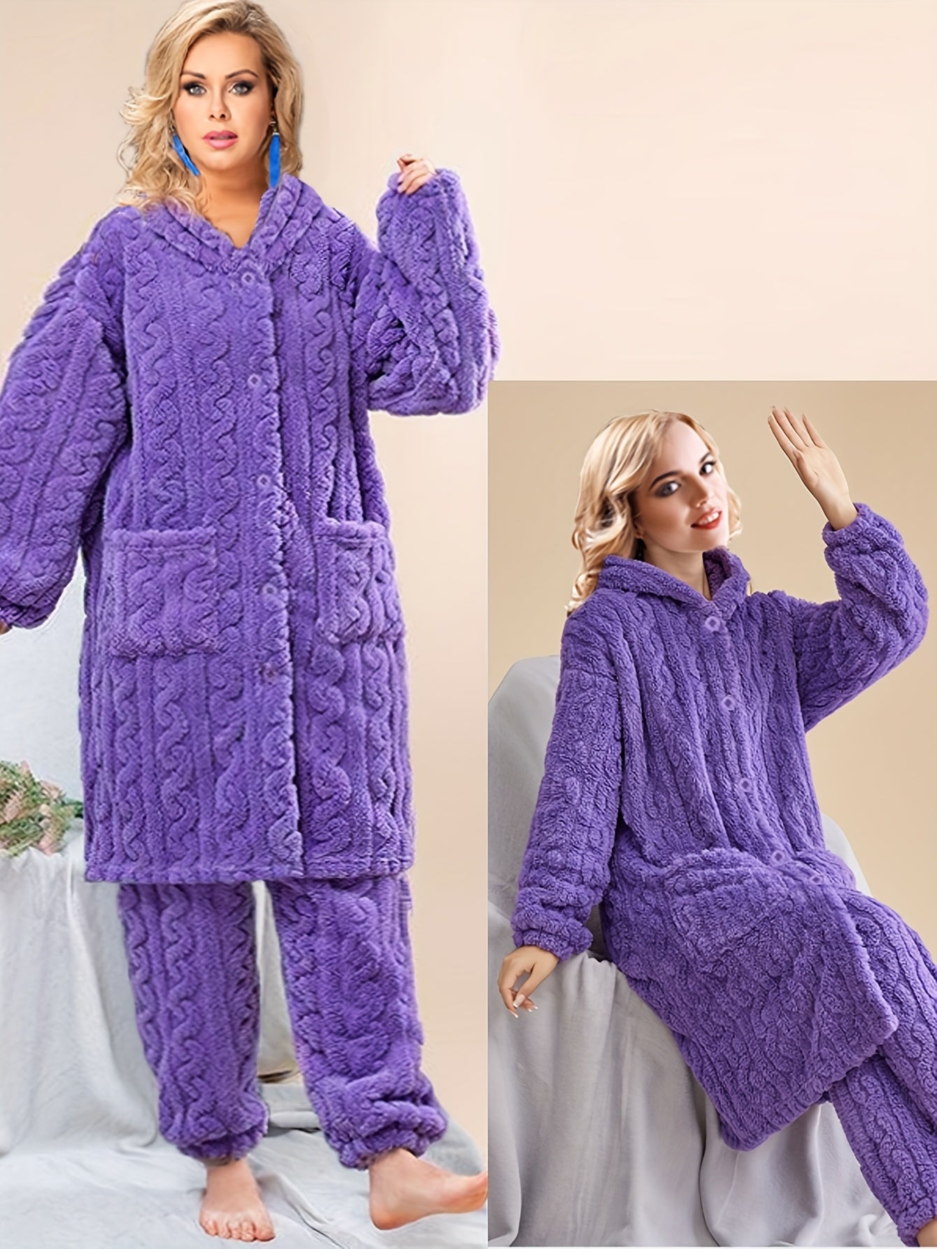 Thick Flannel Pajama Set for Women & Men - Winter Hooded Thermal Sleepwear with Front Button Placket