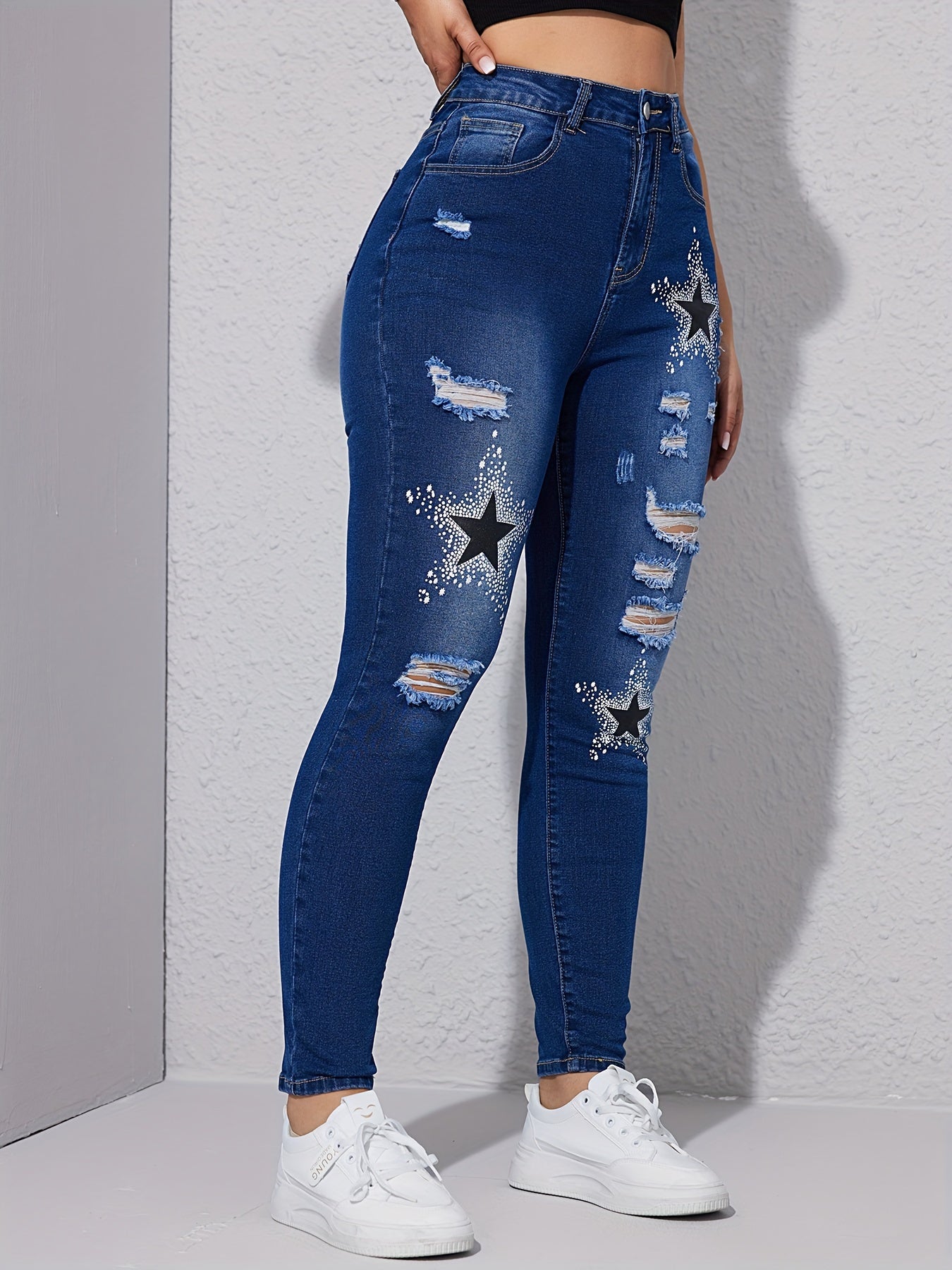 Star Pattern Ripped Holes Skinny Jeans for Women