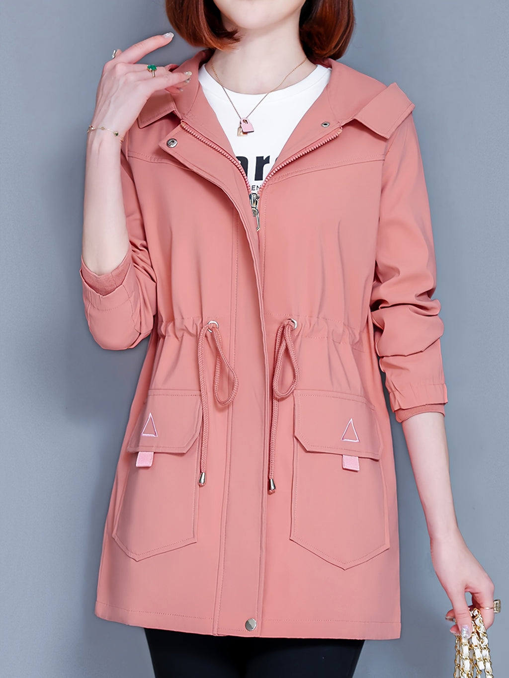 Kesixsty Women's Mid-Length Hooded Windbreaker Jacket with Plush Lining