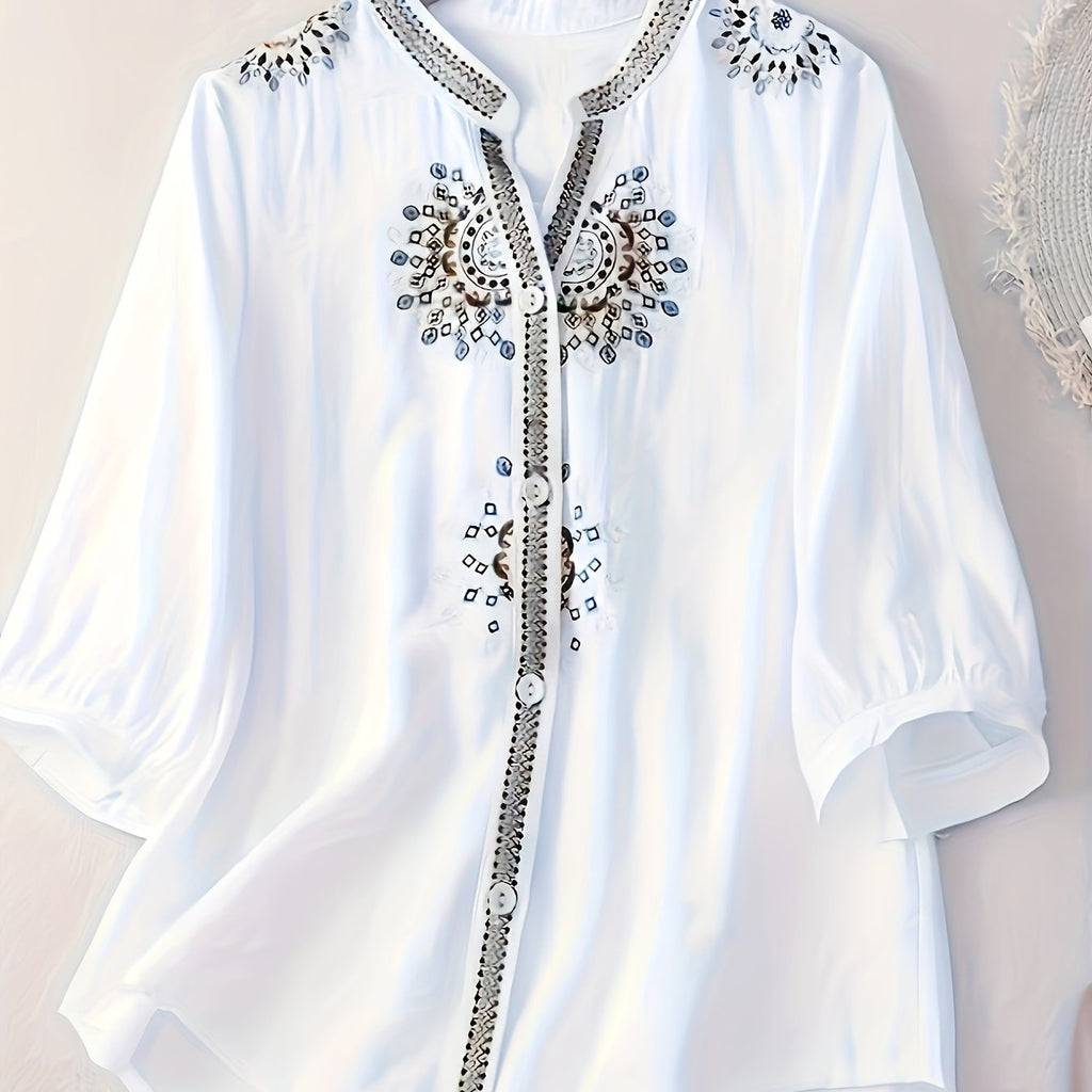 Women's Elegant Short Sleeve Blouse - Floral & Pearl Embroidery, Semi-Sheer Stand-Up Collar