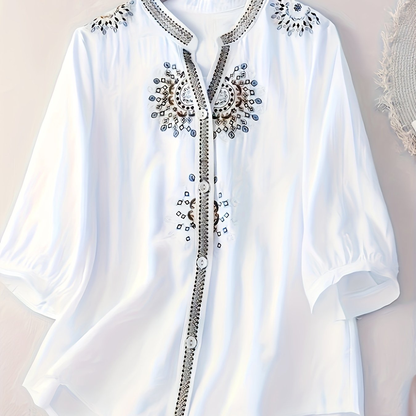 Women's Elegant Short Sleeve Blouse - Floral & Pearl Embroidery, Semi-Sheer Stand-Up Collar