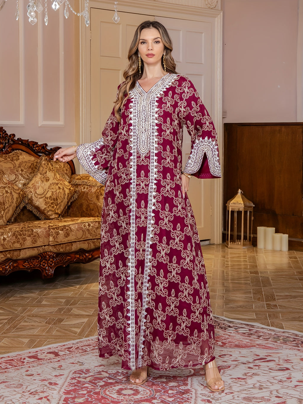 Middle Eastern Embroidered Abaya Long Robe, Light Luxury Evening Gown Two-Piece Dress for Women