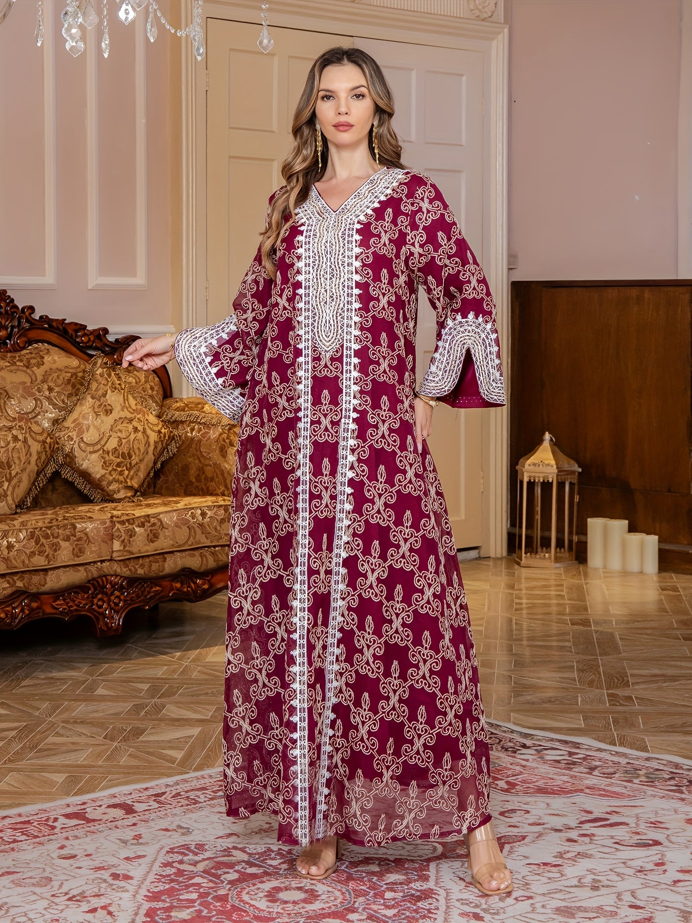 Middle Eastern Embroidered Abaya Long Robe, Light Luxury Evening Gown Two-Piece Dress for Women