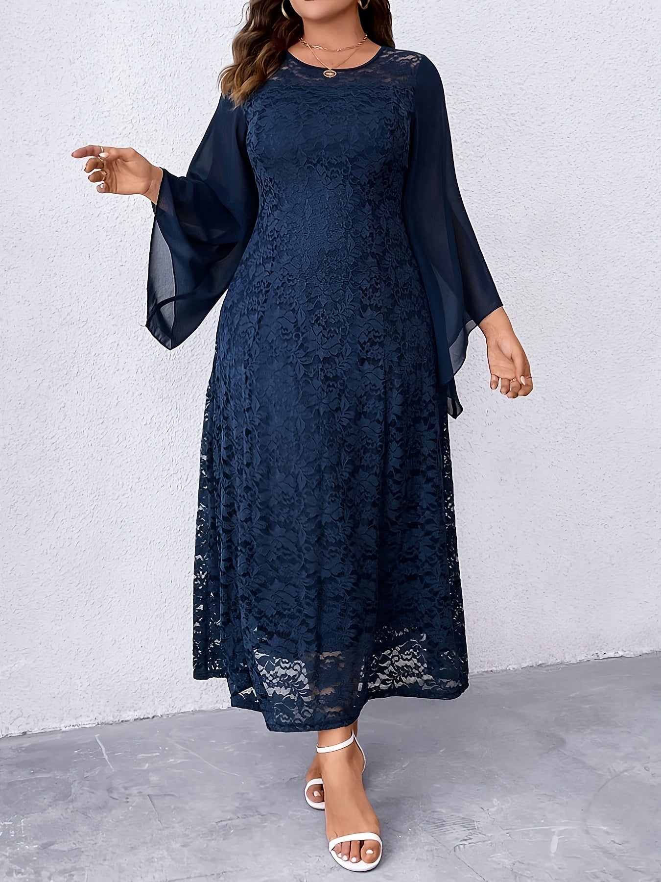Women's Elegant Navy Blue Lace Dress - Formal to Casual Wedding Party Outfit with Long Flowing sleeves