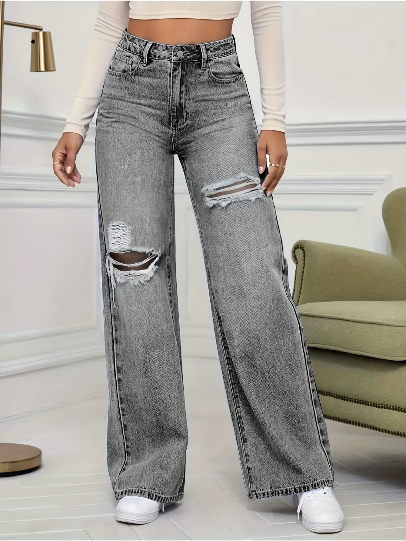 Women's Plus Size High-Waisted Stretch Pants with Distressed Knee Rips
