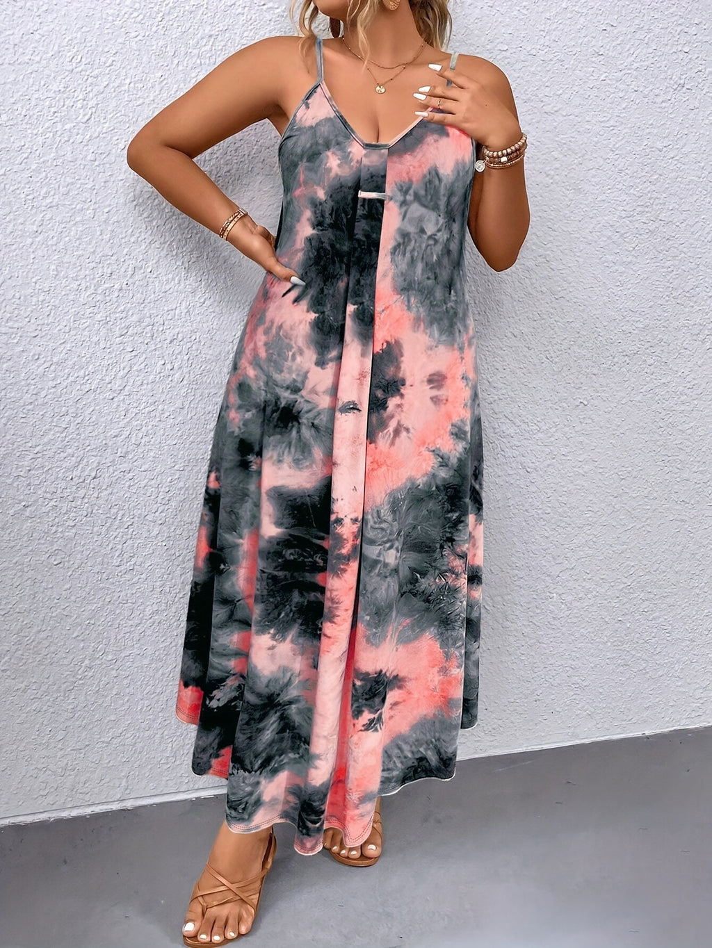 European and American trendy plus-size Women's tie-dye dress with halter neck
