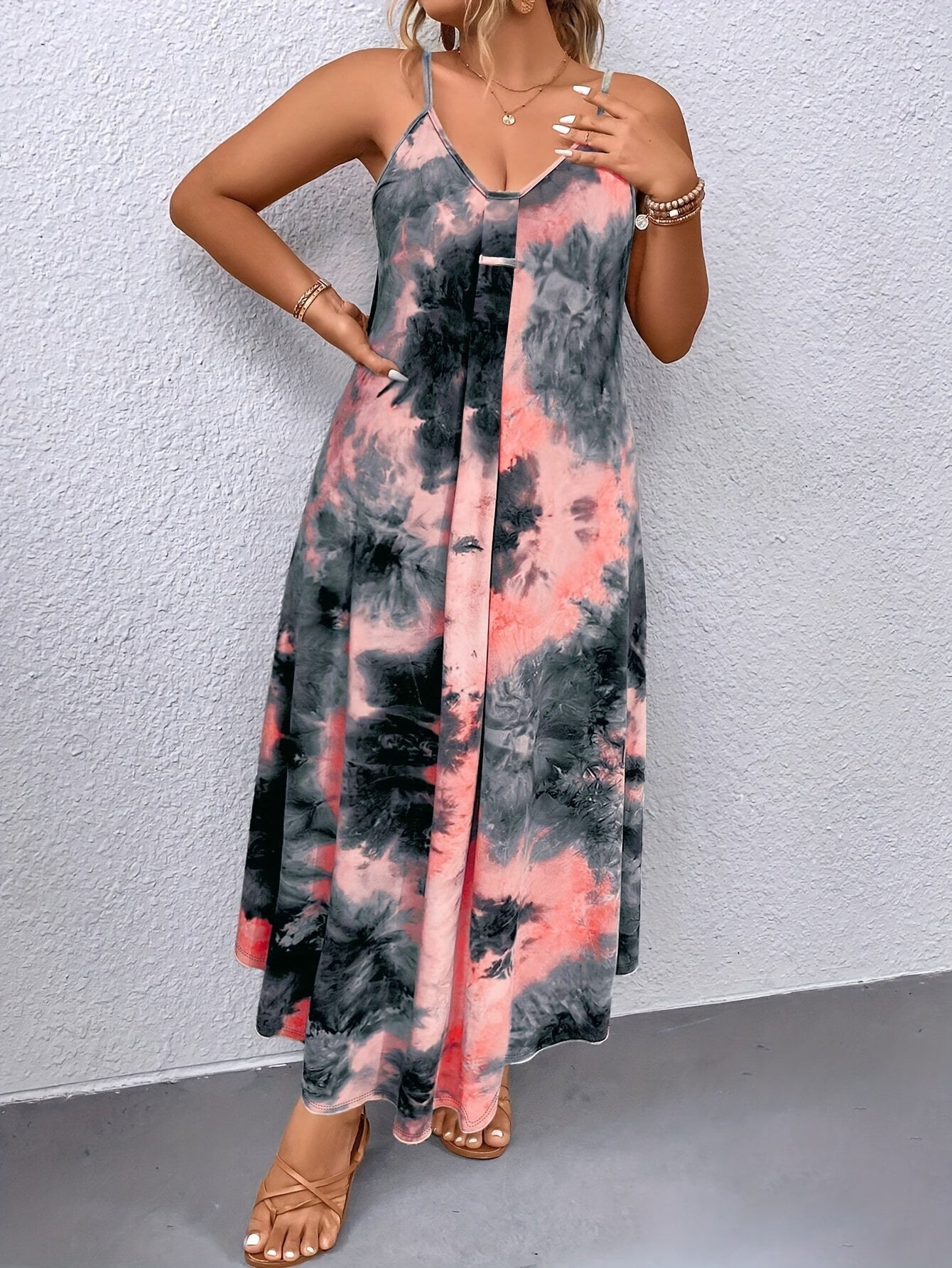 European and American trendy plus-size Women's tie-dye dress with halter neck