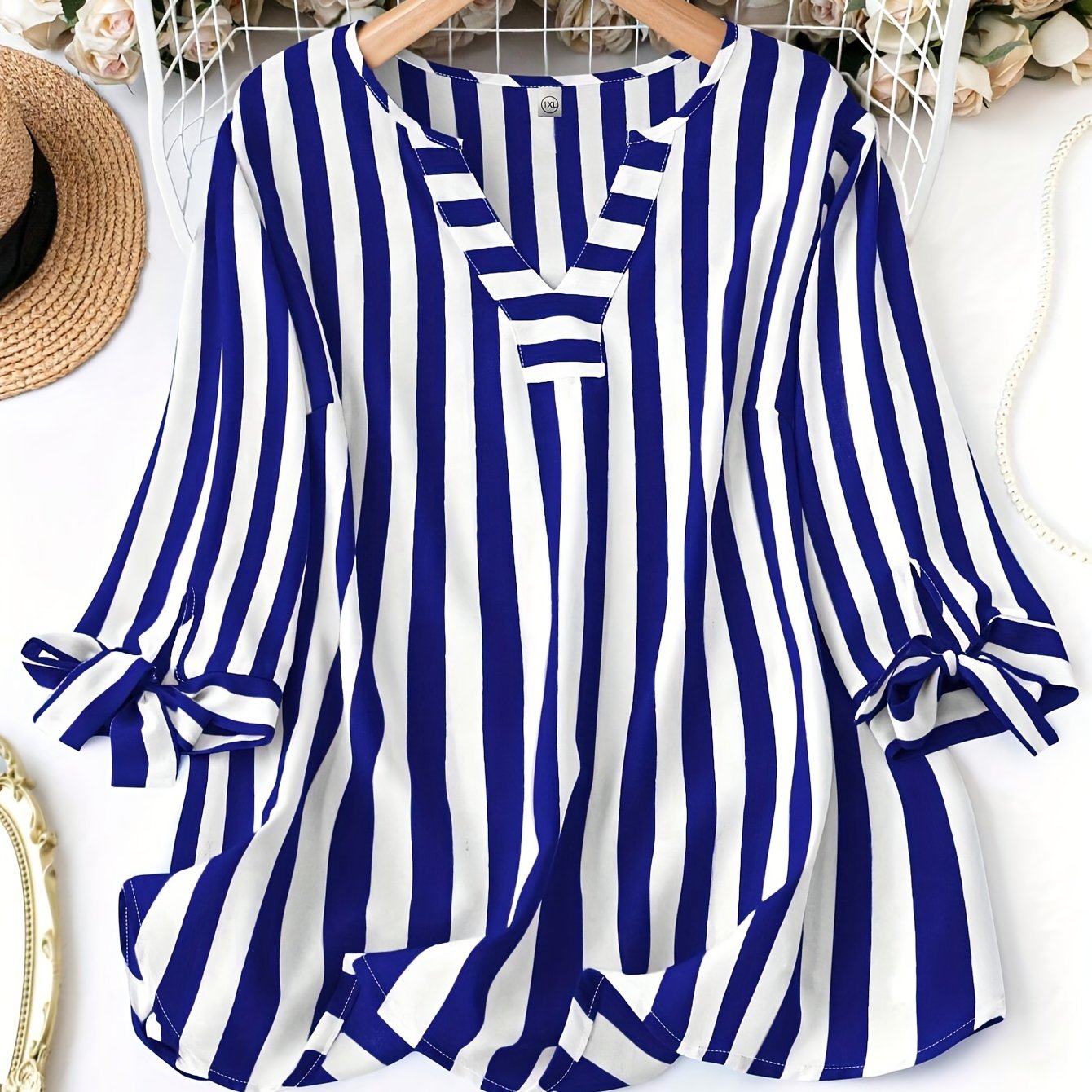 Elegant Notched Necktie Cuff Top for Women's Plus Size