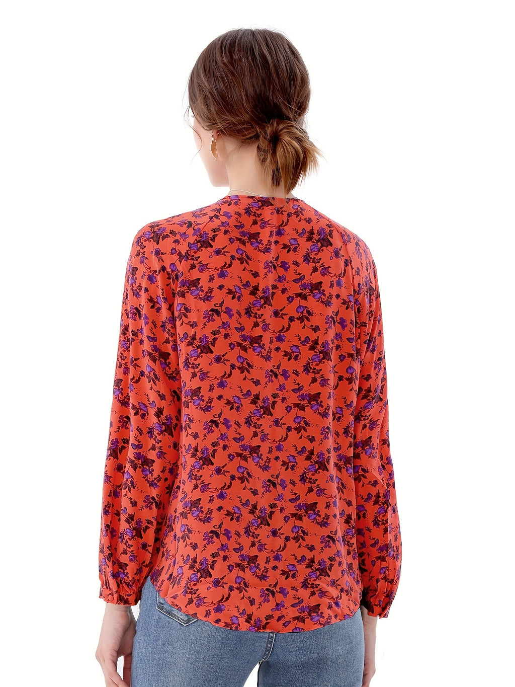 Floral Print V Neck Blouse, Casual Long Sleeve Blouse For Women